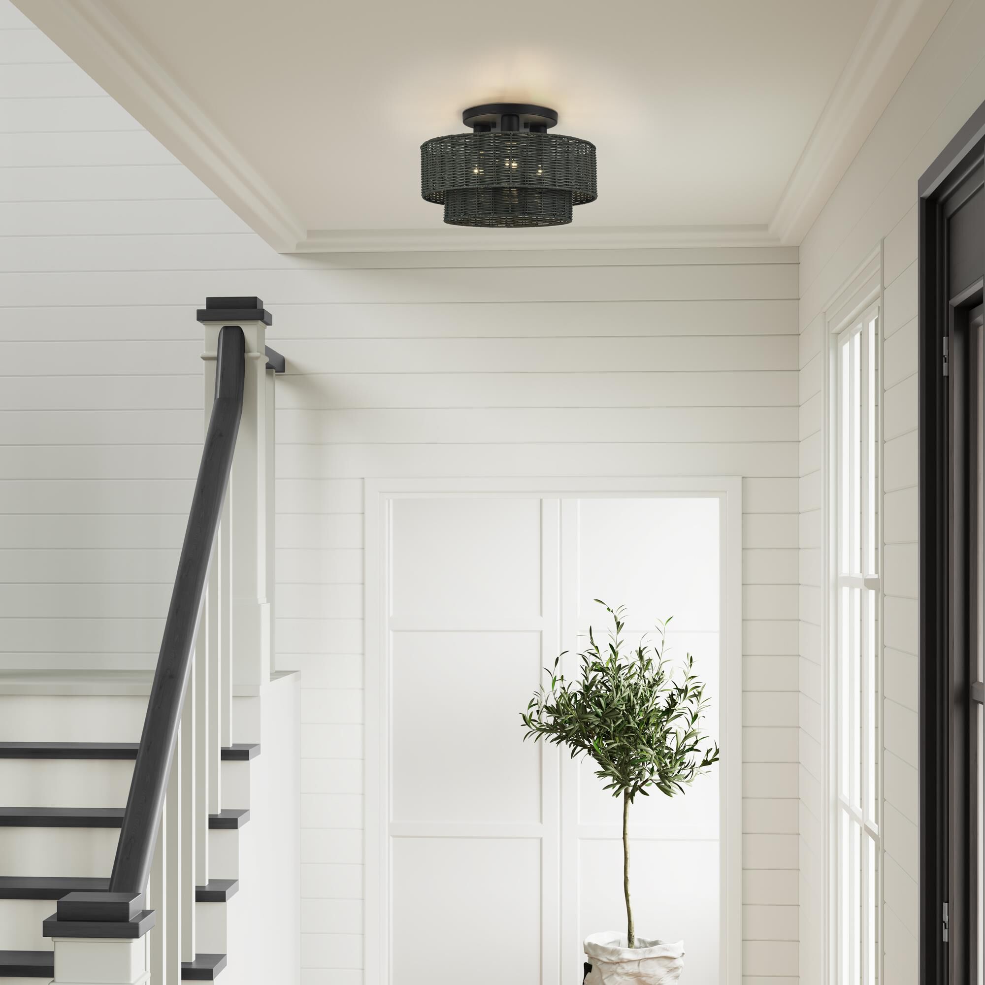 Shown in Black finish and Hand-Woven Charred Gray Color Rattan shade