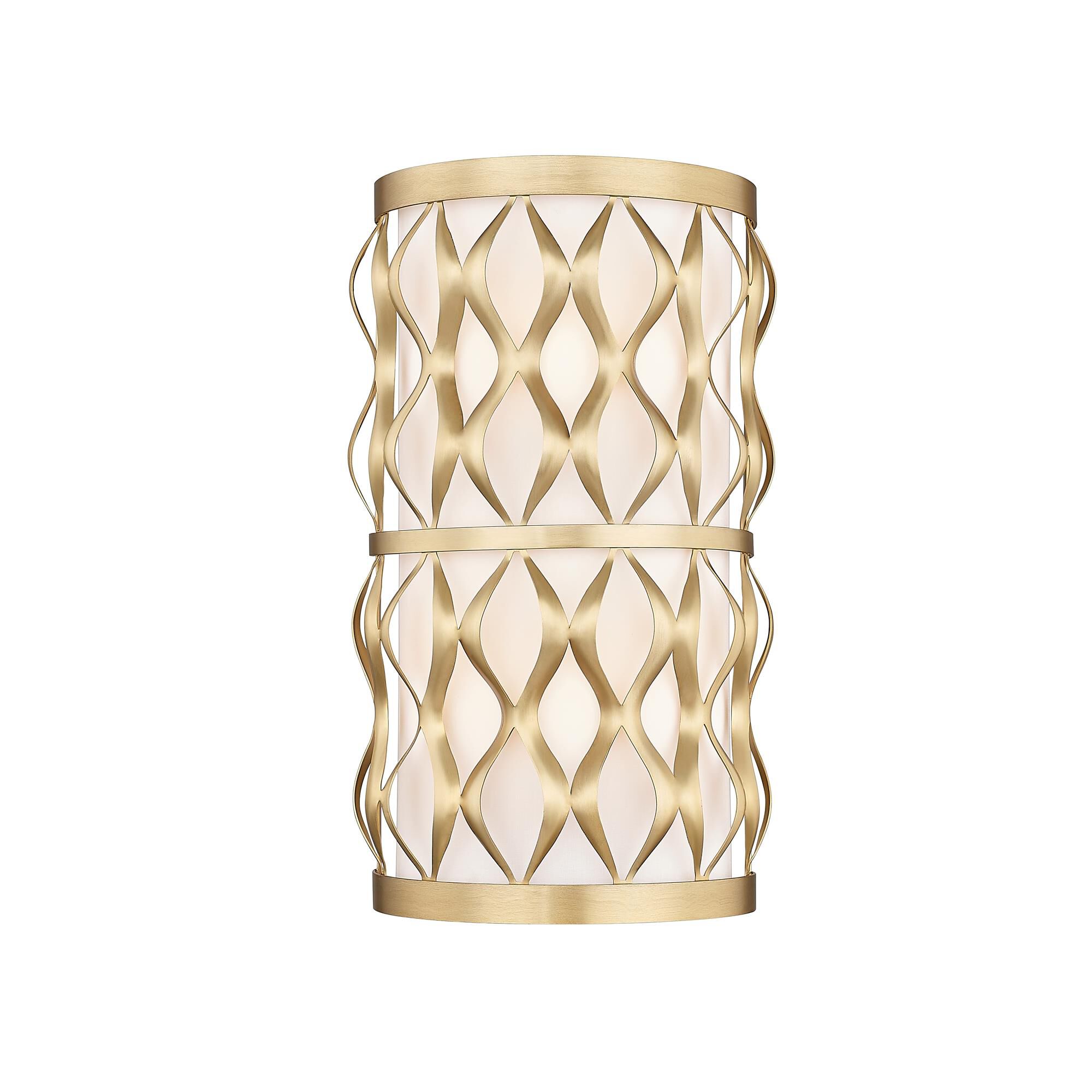 Shown in Modern Gold finish and White glass and White shade