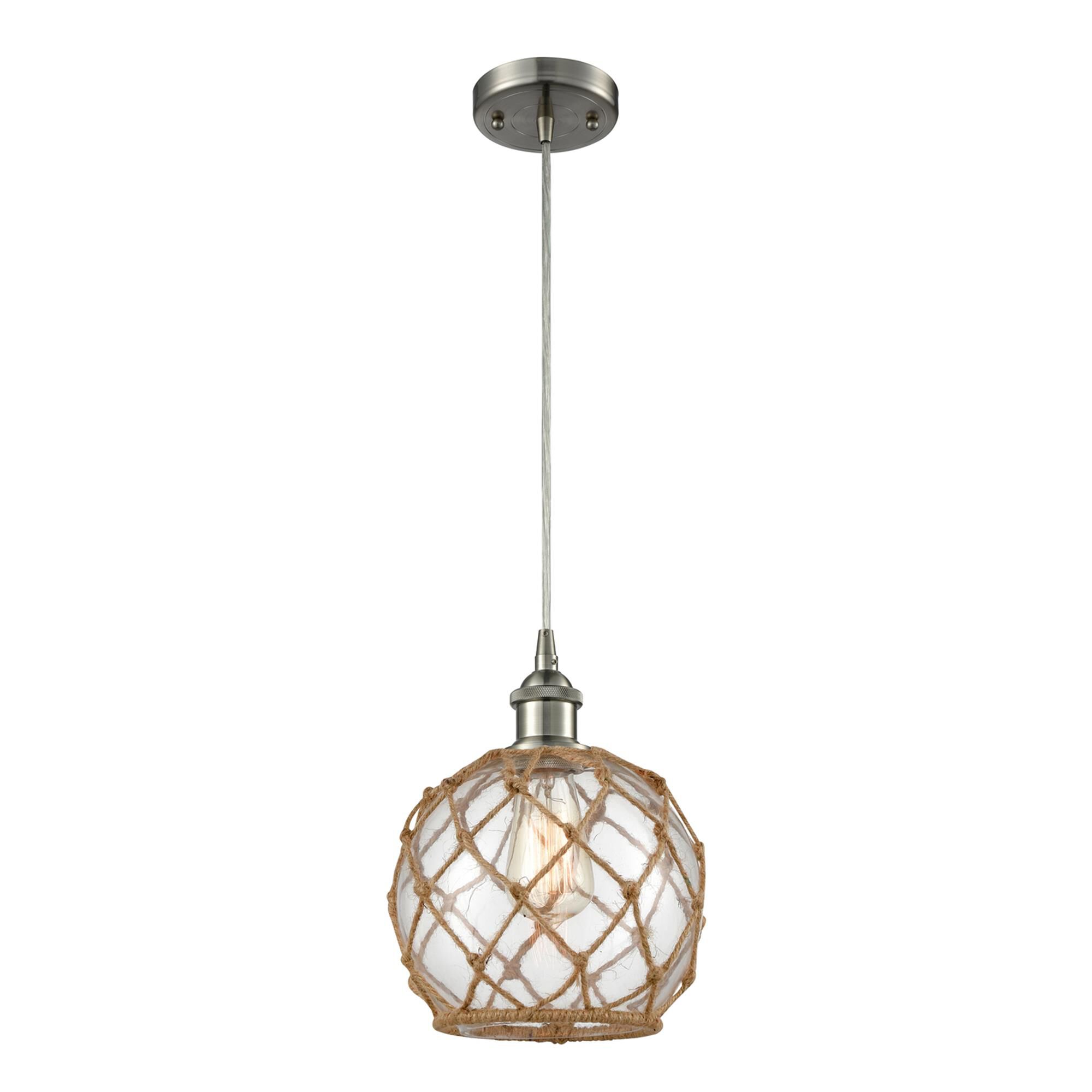 Shown in Brushed Satin Nickel finish and Clear With Black Rope glass