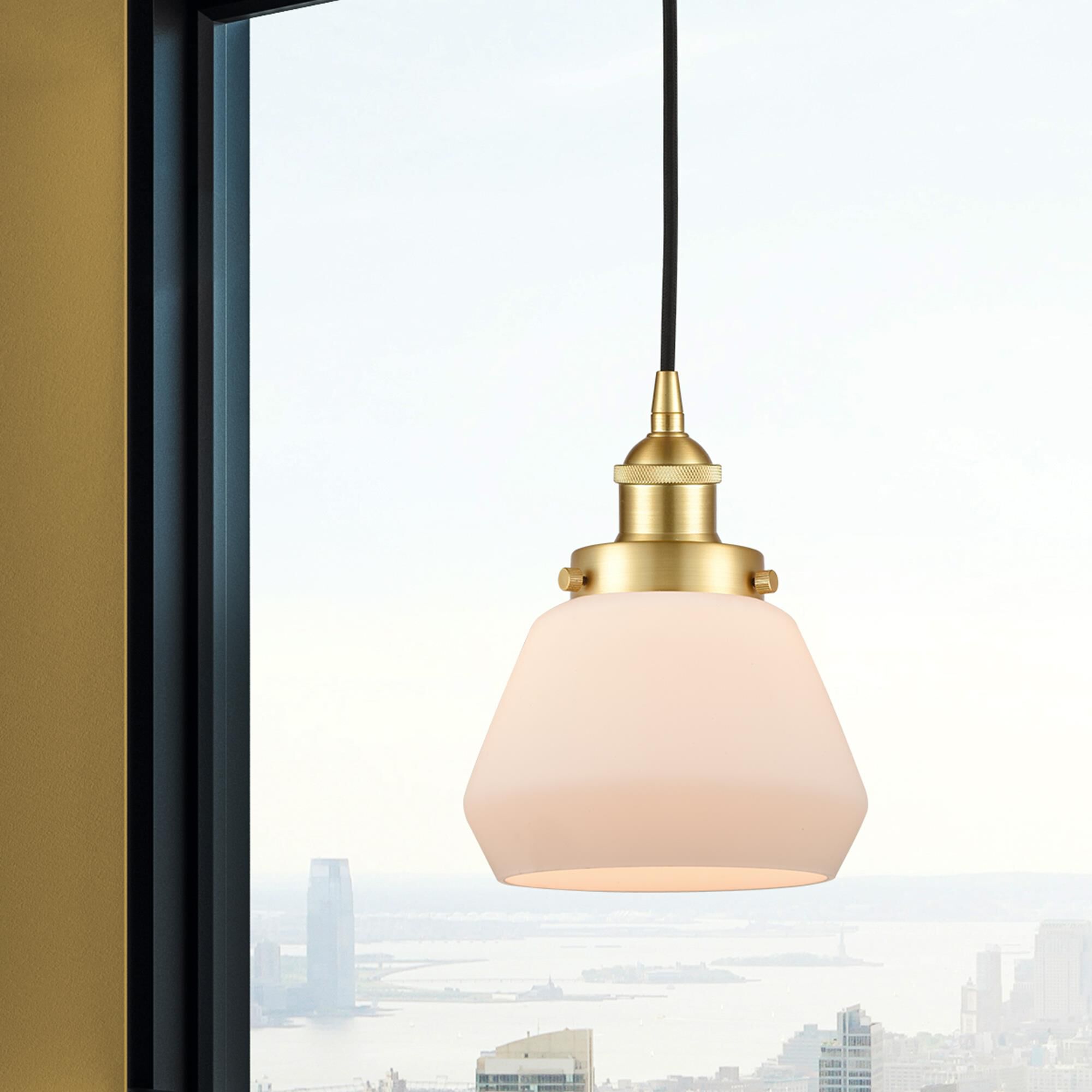 Shown in Satin Gold finish and Matte White glass