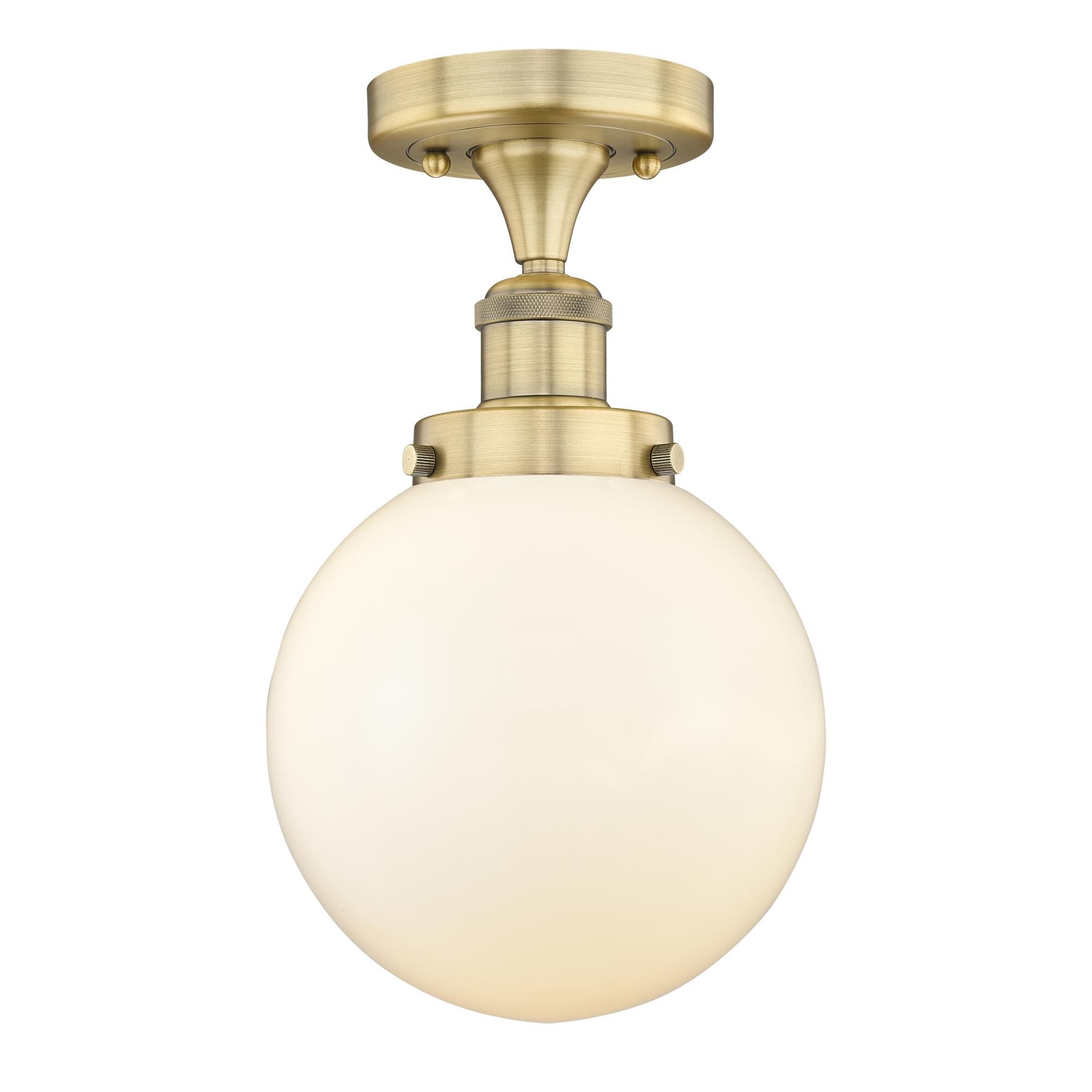 Shown in Brushed Brass finish and Matte White glass