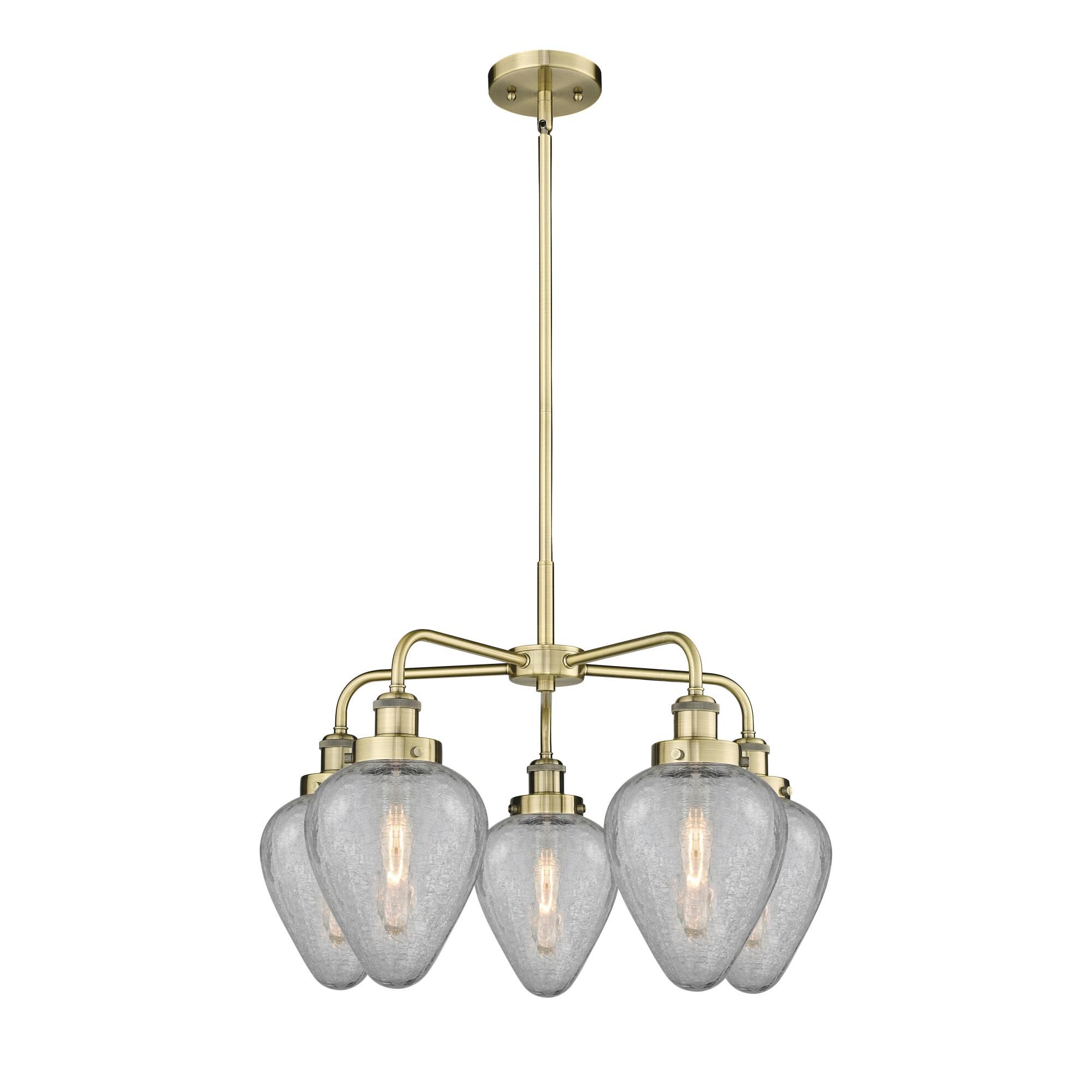 Shown in Antique Brass finish and Clear Crackled glass