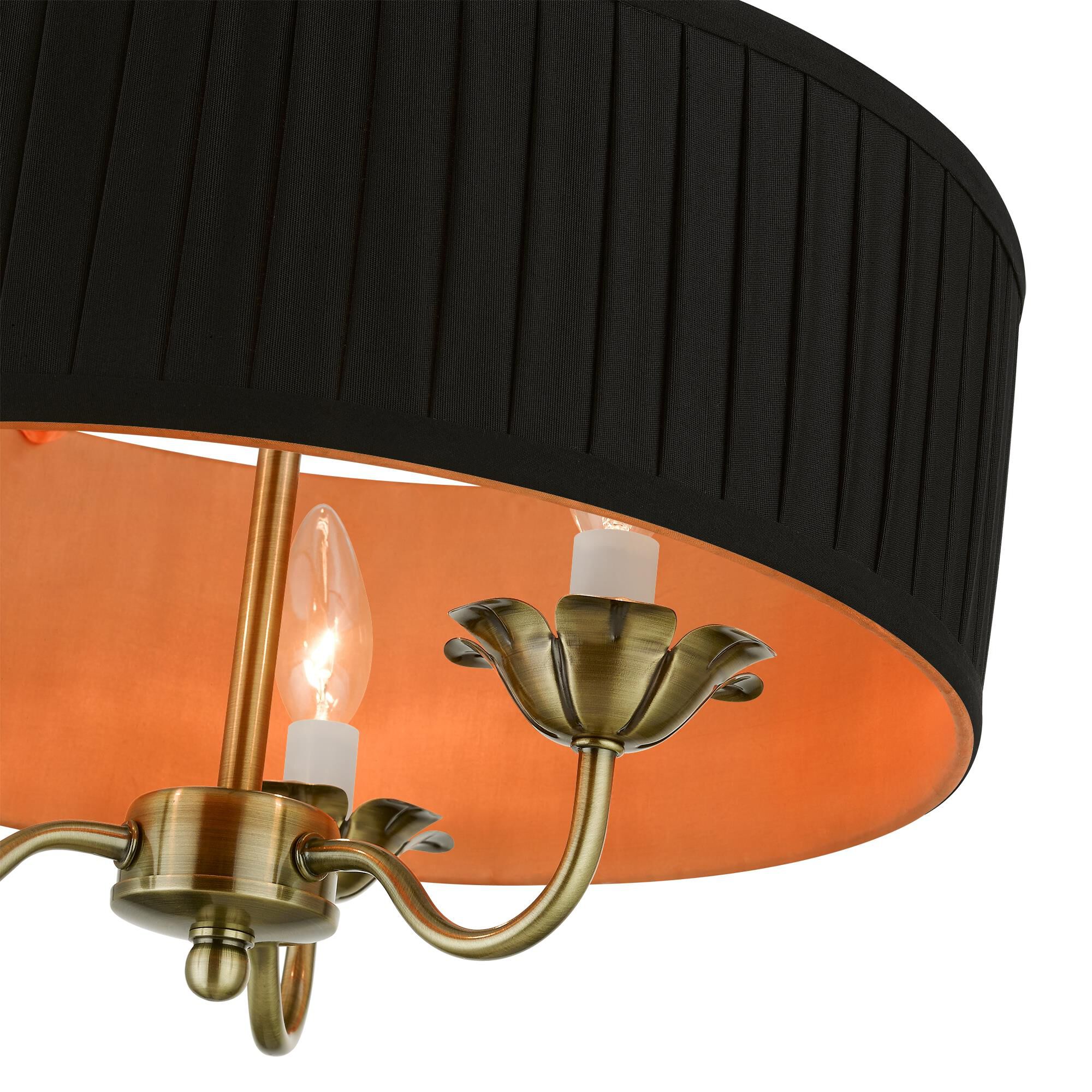 Shown in Antique Brass finish and Black Fabric Hardback with Orange Fabric Inside shade