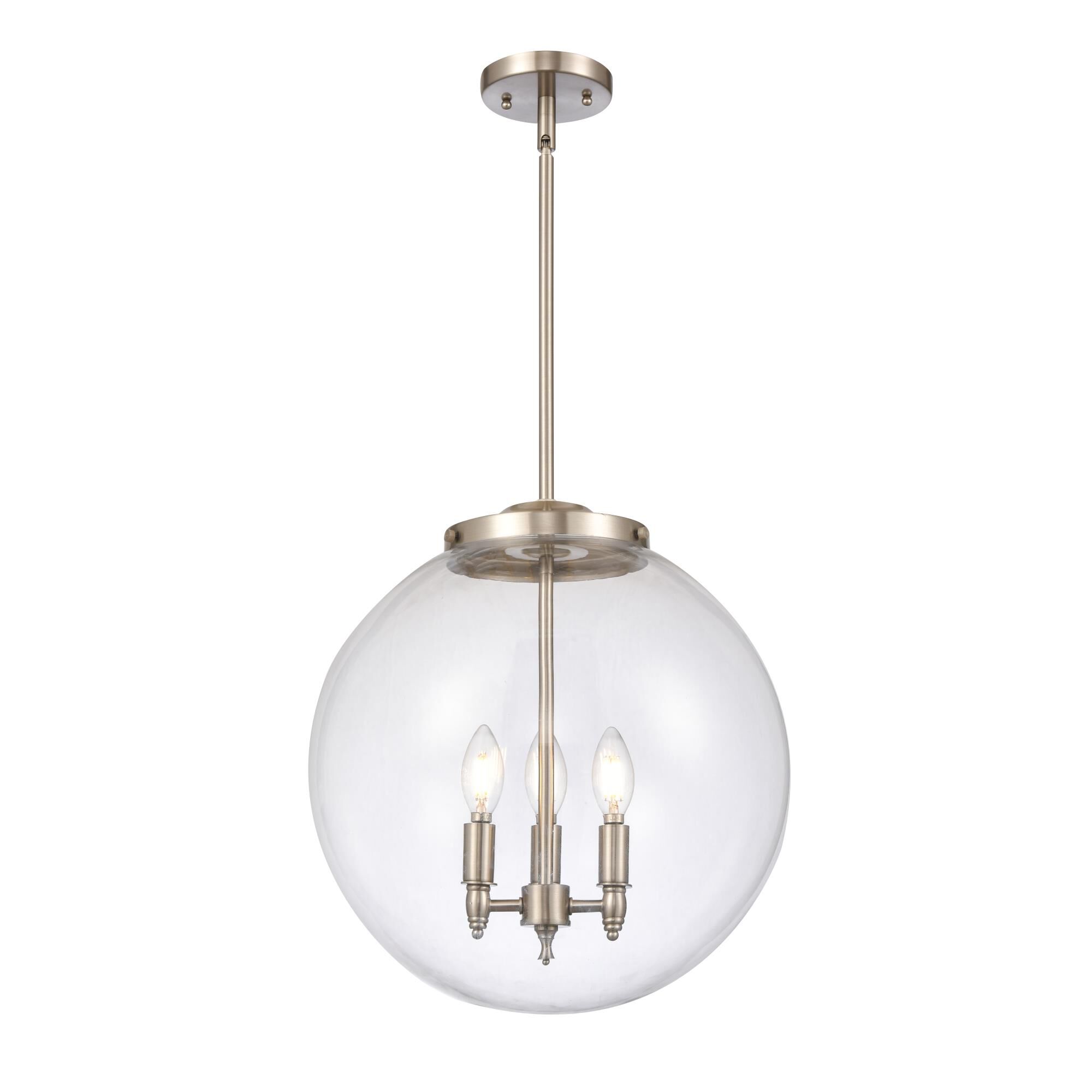 Shown in Brushed Satin Nickel finish and Clear Beacon glass