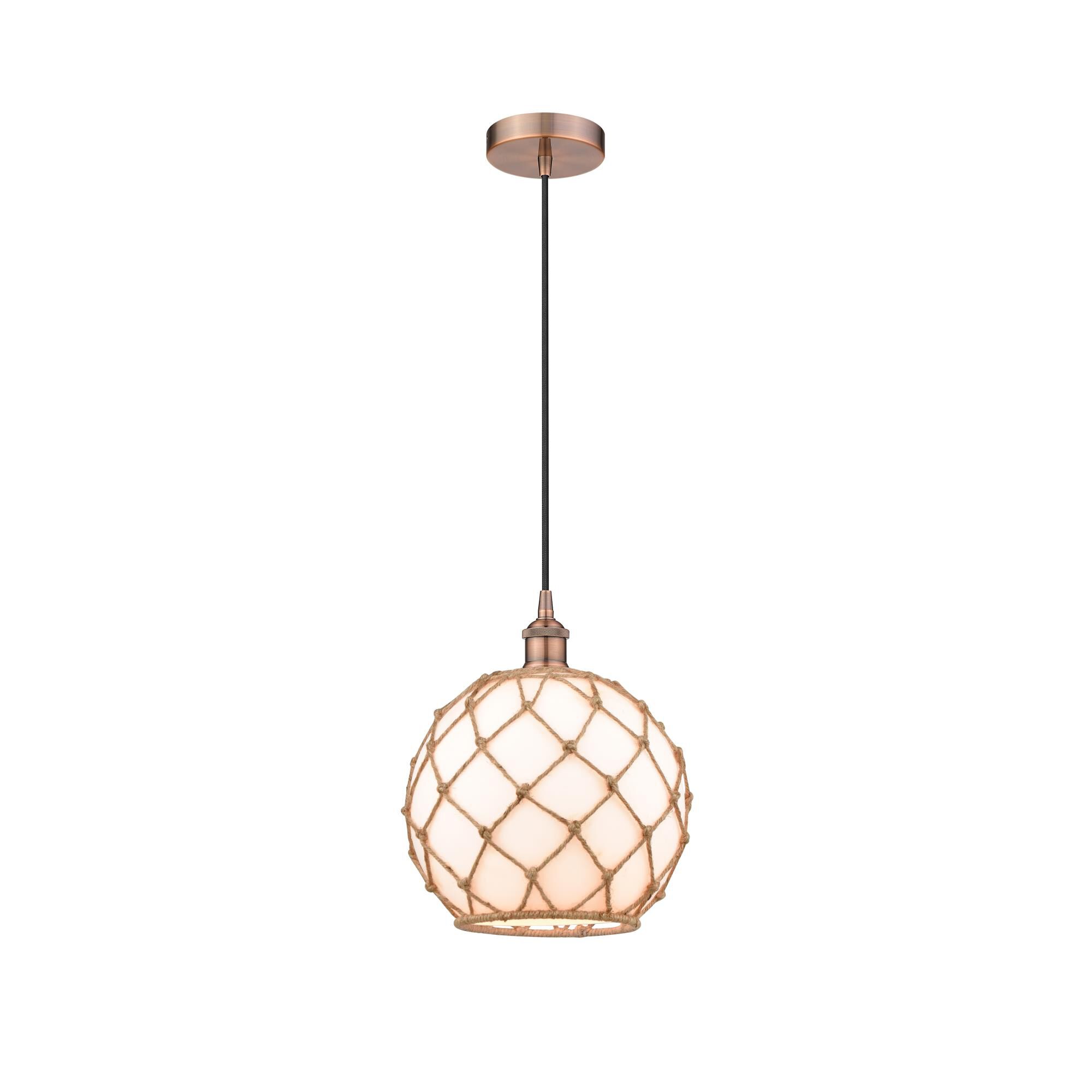 Shown in Antique Copper finish and White Large Farmhouse  With Brown Rope glass
