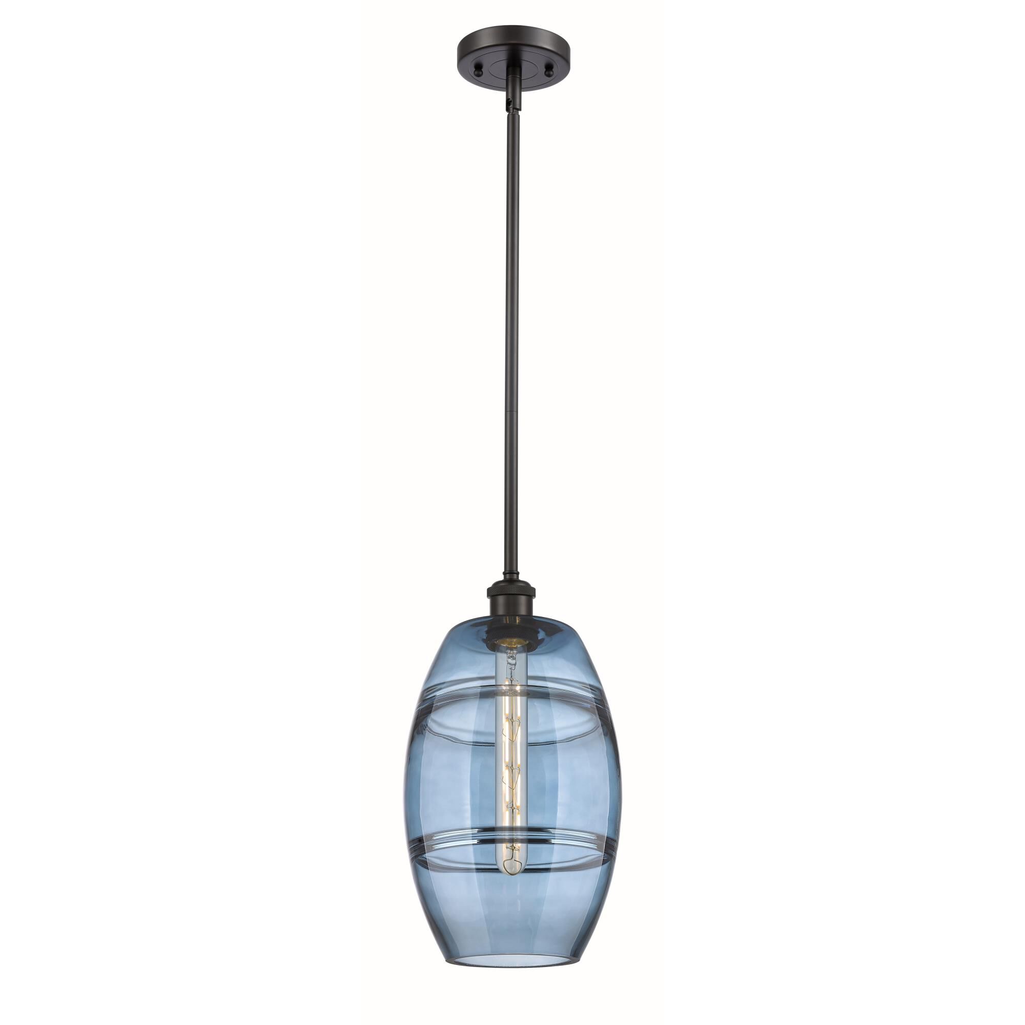 Shown in Oil Rubbed Bronze finish and Princess Blue glass