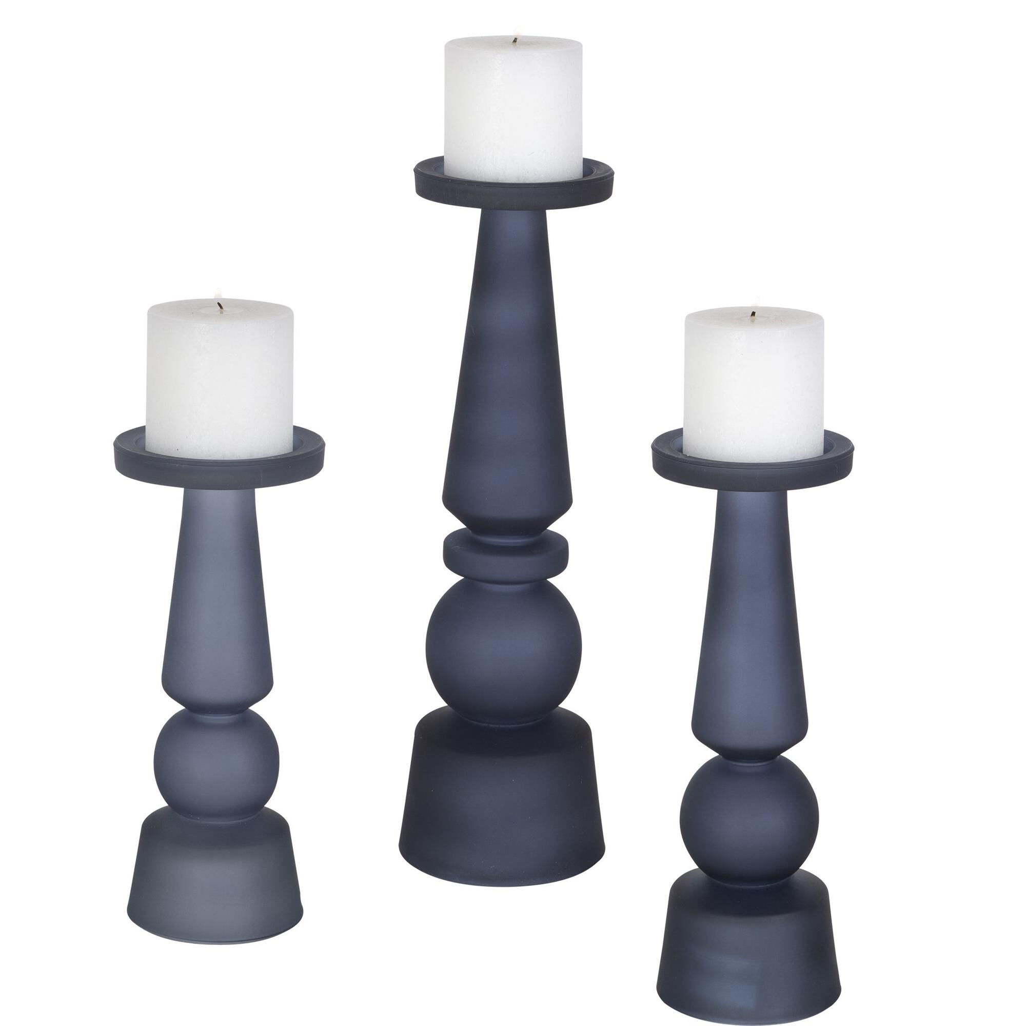 Shown in Set Of Three Candleholders Showcase Traditional Silhouettes And Are Made From A Deep, Midnight Blue  finish