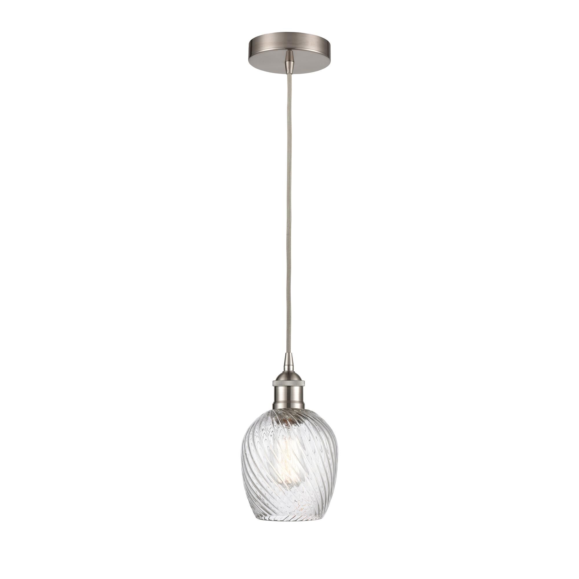 Shown in Brushed Satin Nickel finish and Clear Spiral Fluted Salina glass