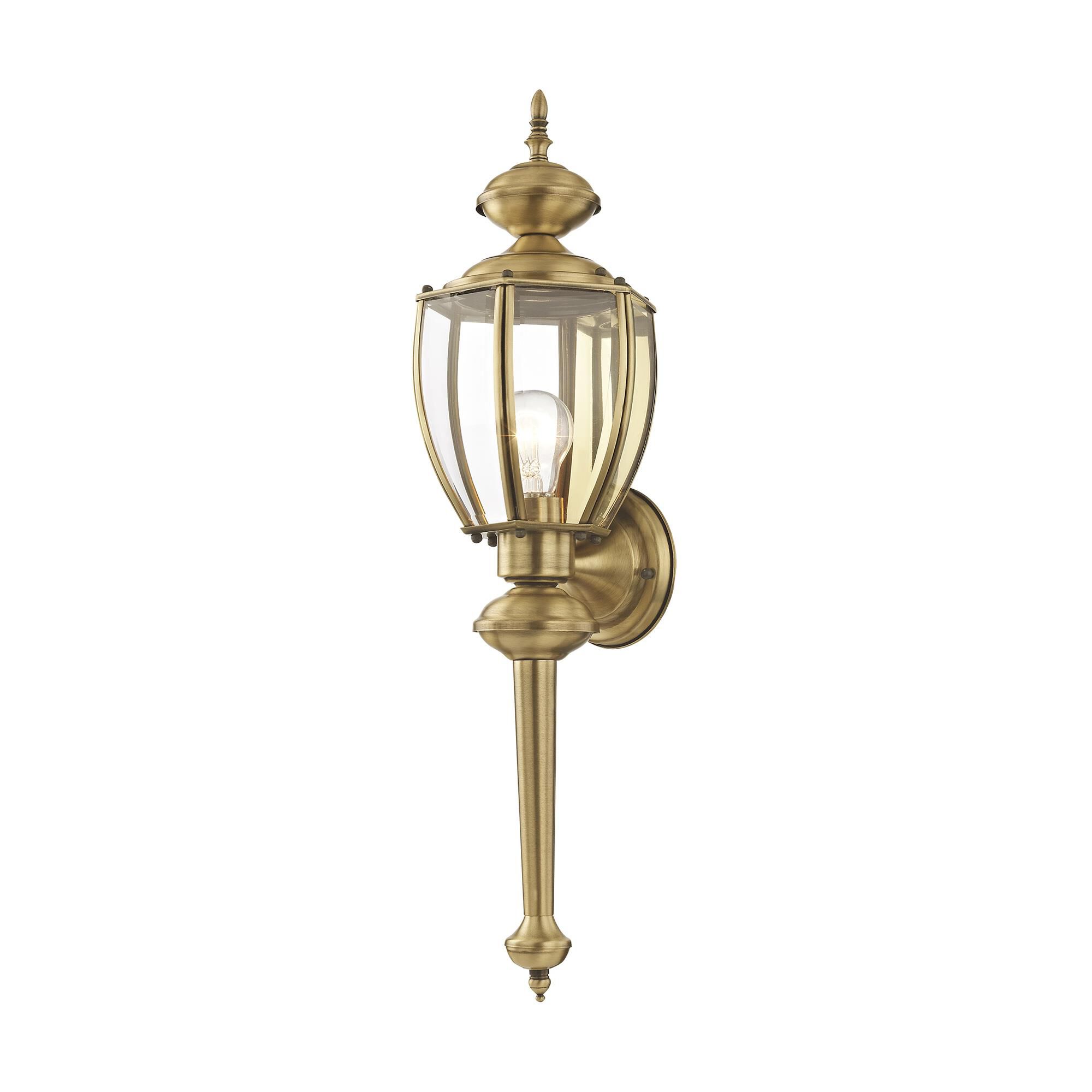 Shown in Antique Brass finish and Clear Beveled glass