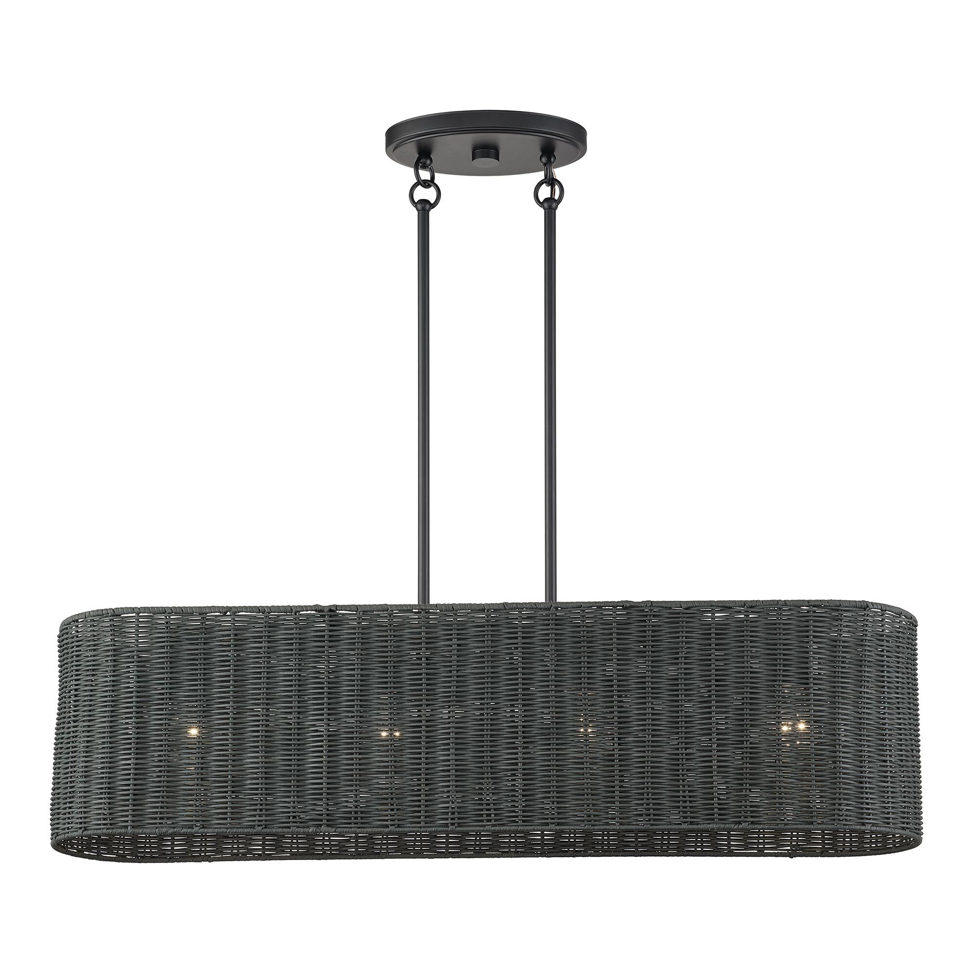 Shown in Black finish and Hand-Woven Charred Gray Color Rattan shade