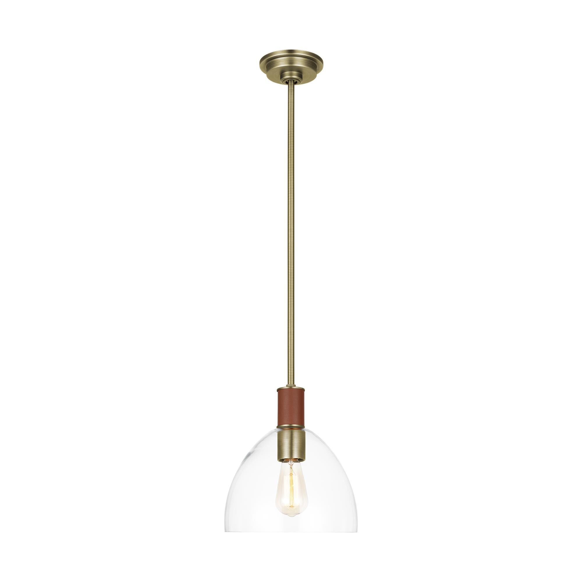 Shown in Time Worn Brass finish and Clear glass