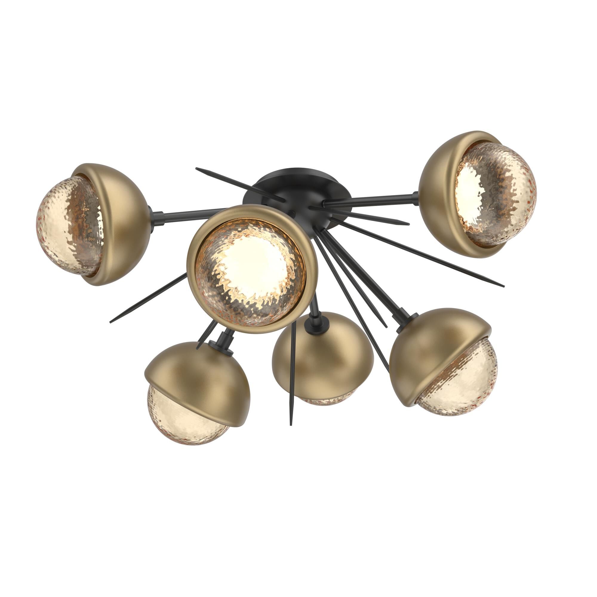 Shown in Matte Black finish and Amber glass and Gilded Brass accent