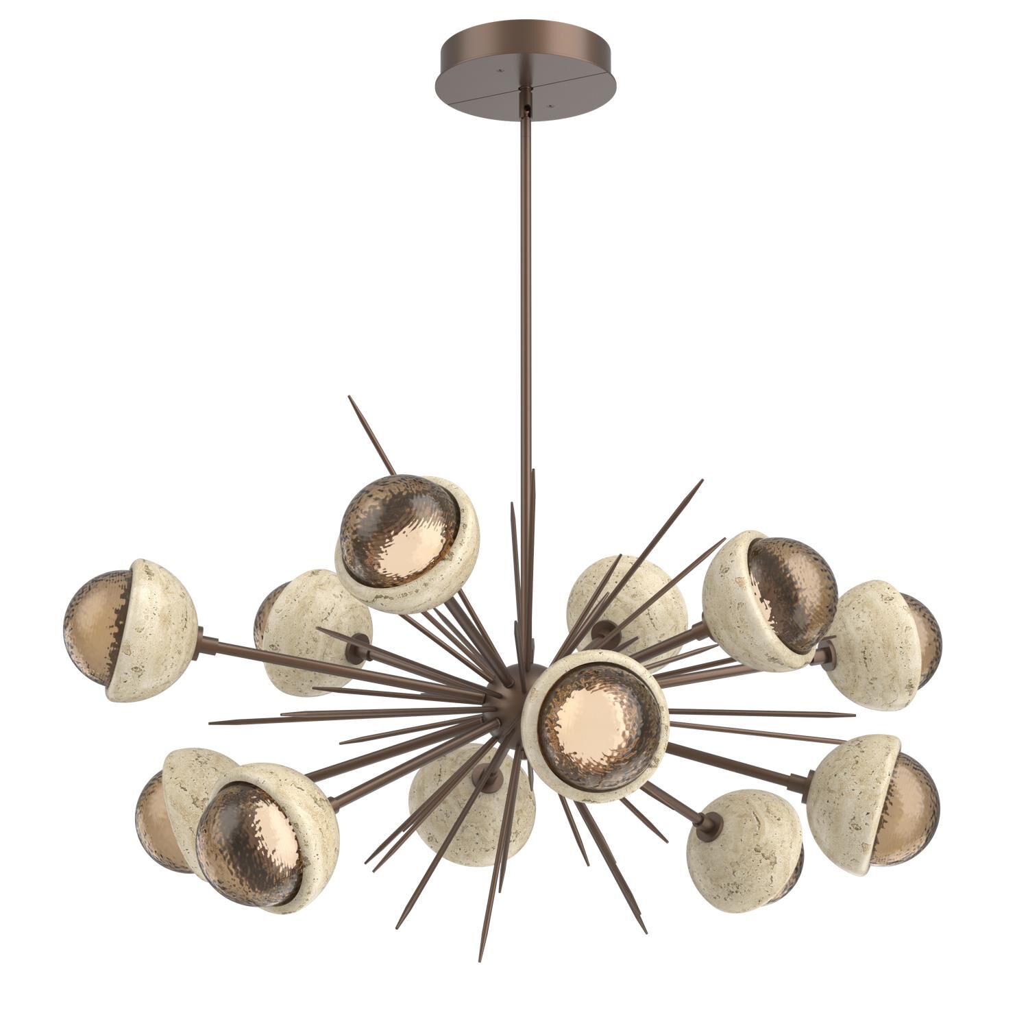 Shown in Burnished Bronze finish and Bronze glass and Travertine Stone accent