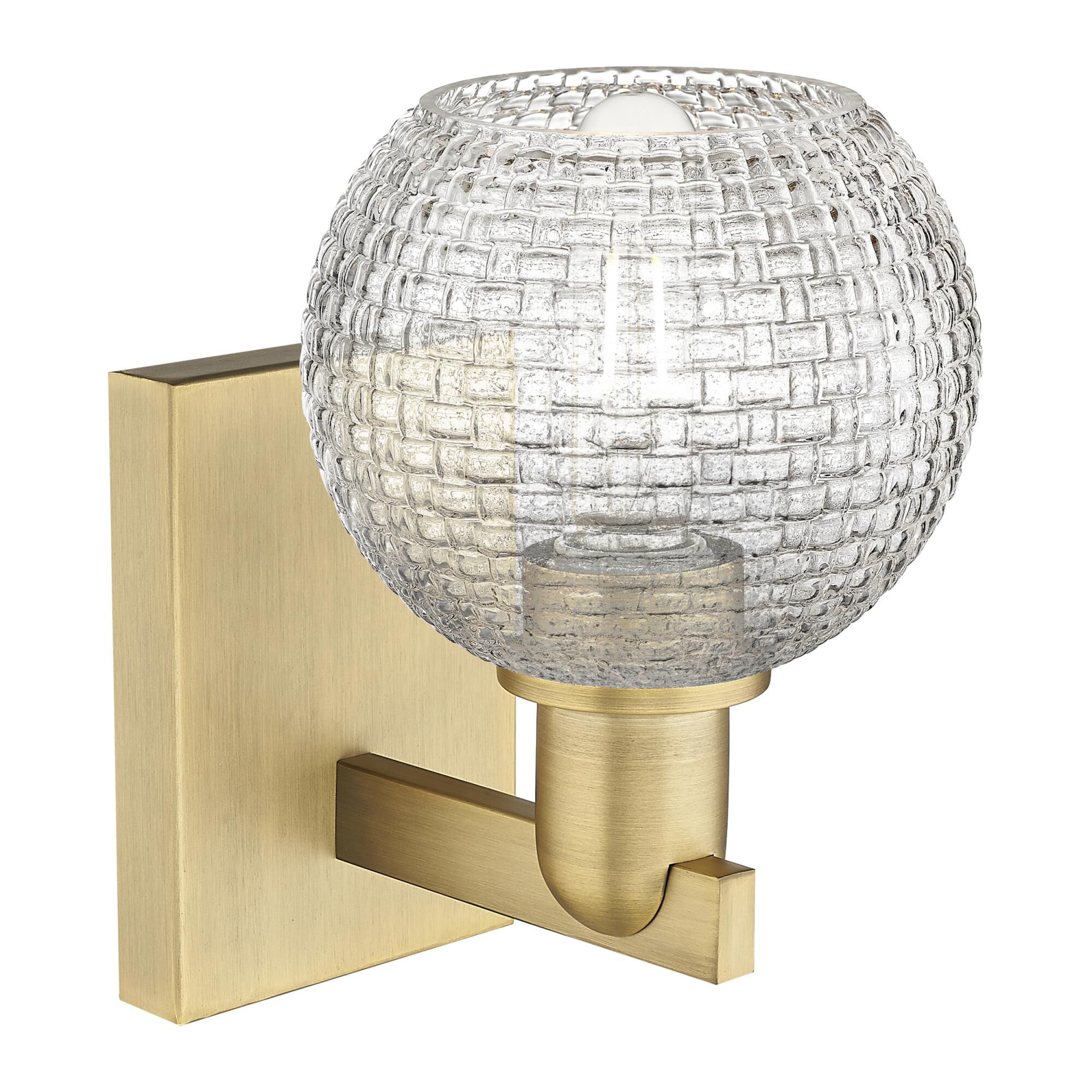 Shown in Brushed Brass finish and Clear Basketweave glass