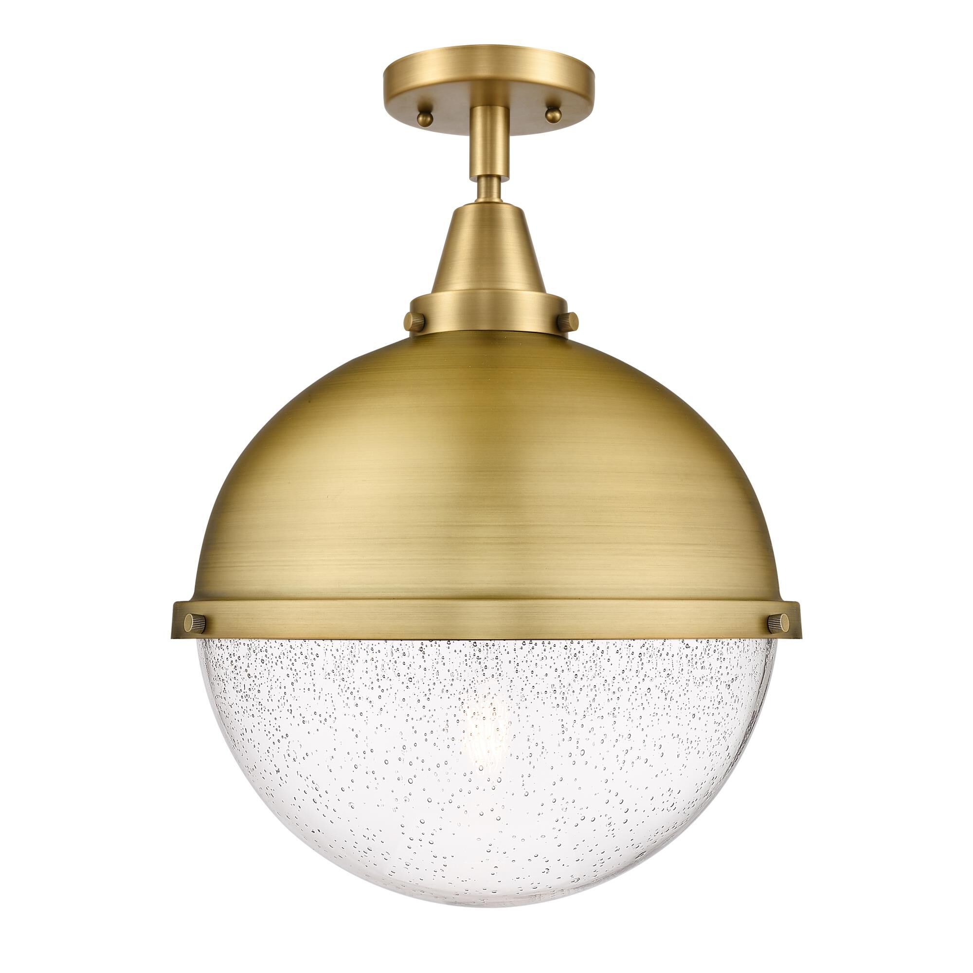 Shown in Brushed Brass finish and Seedy Beacon glass and No Shade shade