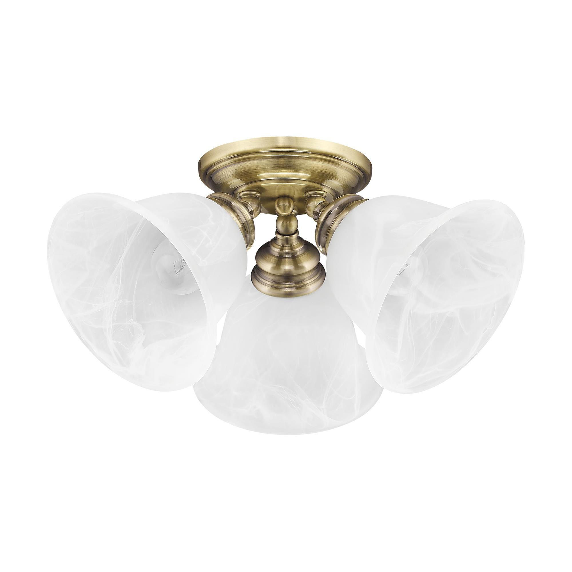 Shown in Antique Brass finish and White Alabaster glass