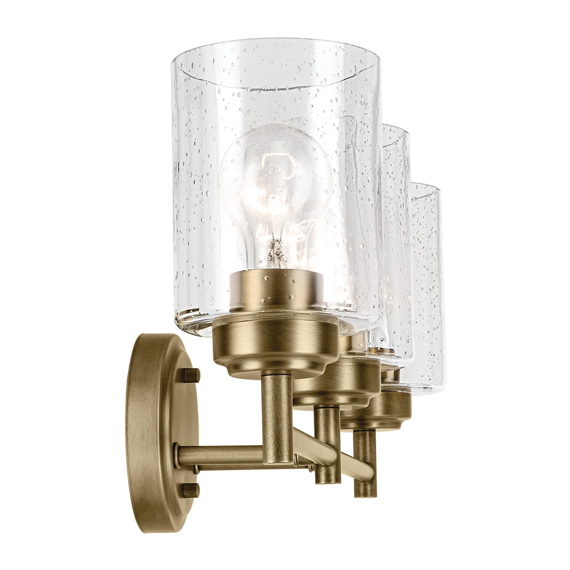 Shown in Natural Brass finish and Clear Seeded glass