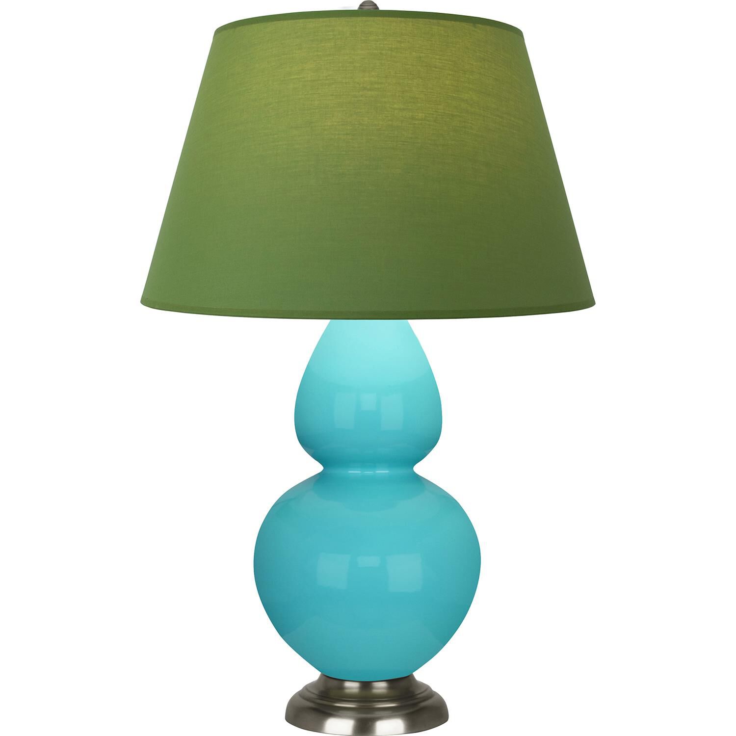 Shown in Egg Blue finish and Tea Green and Taupe shade and Antique Silver accent