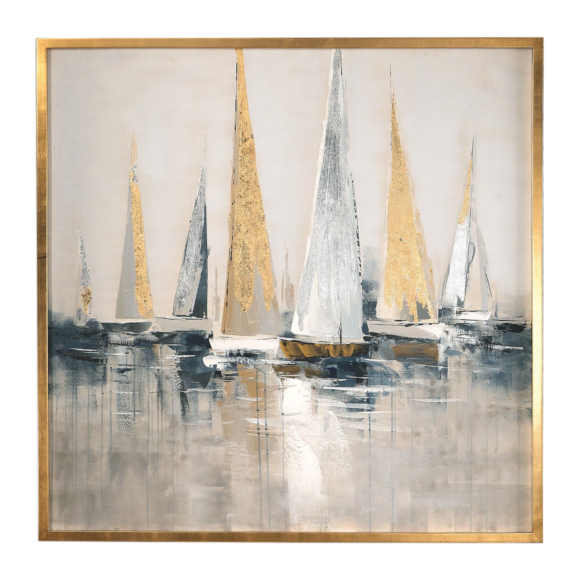 Shown in Hand Painted Canvas , Rich Gold Leaf Frame, Colors Of White, Off White, And Gray Painted Background  finish