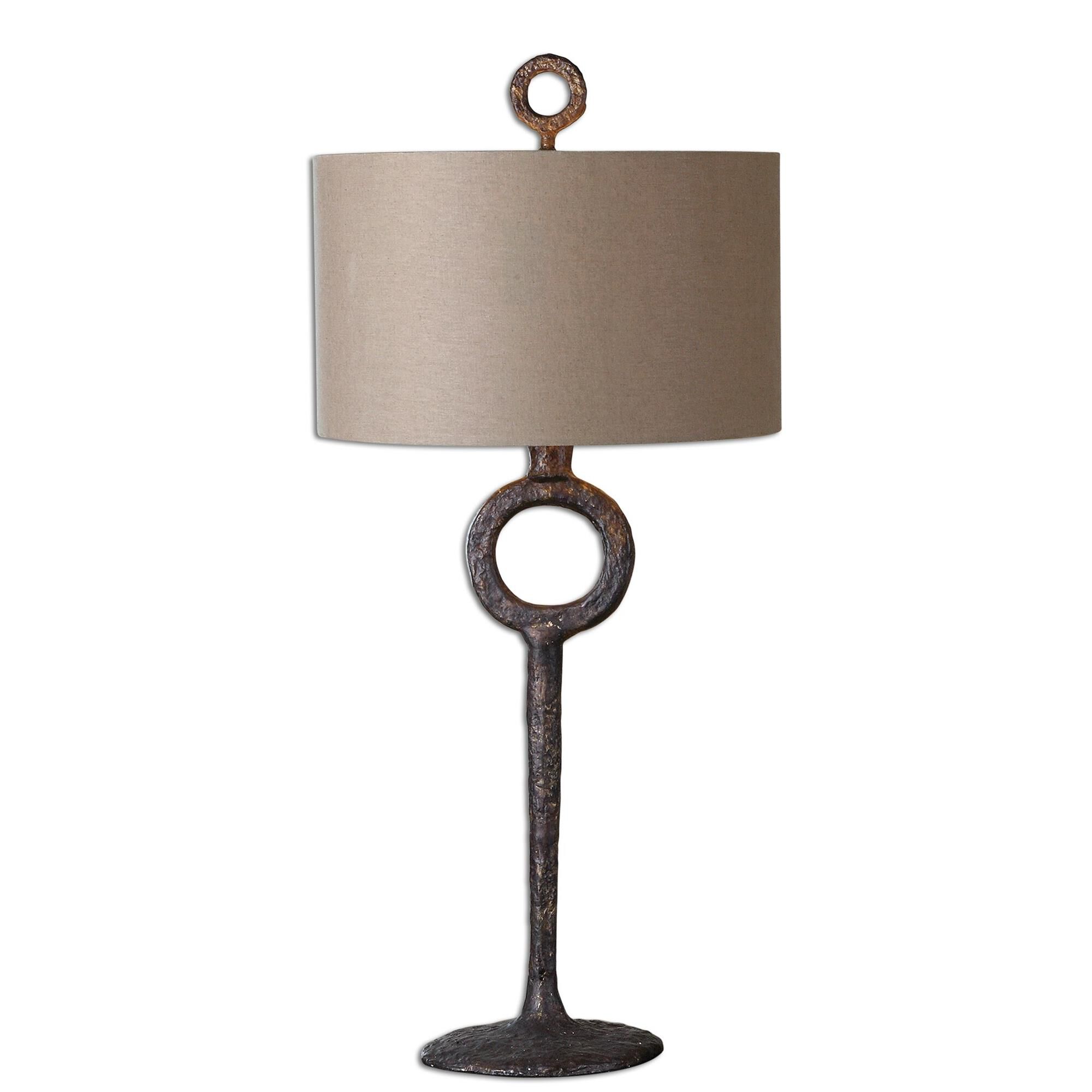 Shown in Aged Rust Bronze finish and Beige Linen shade