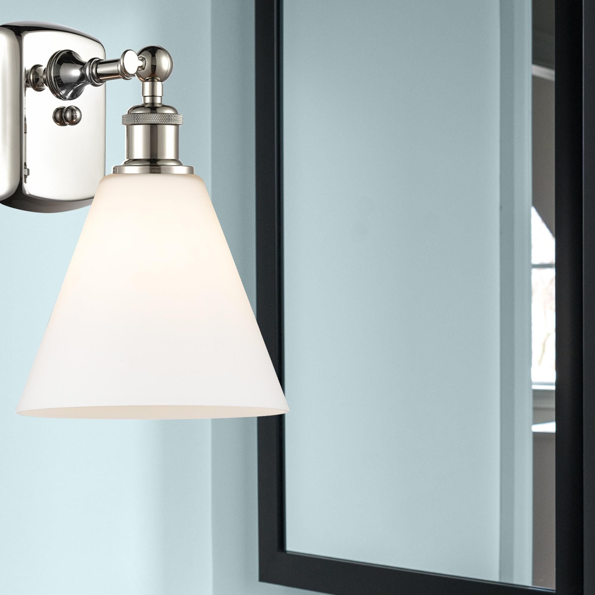 Shown in Polished Nickel finish and Cased Matte White Ballston Cone glass and No Shade shade