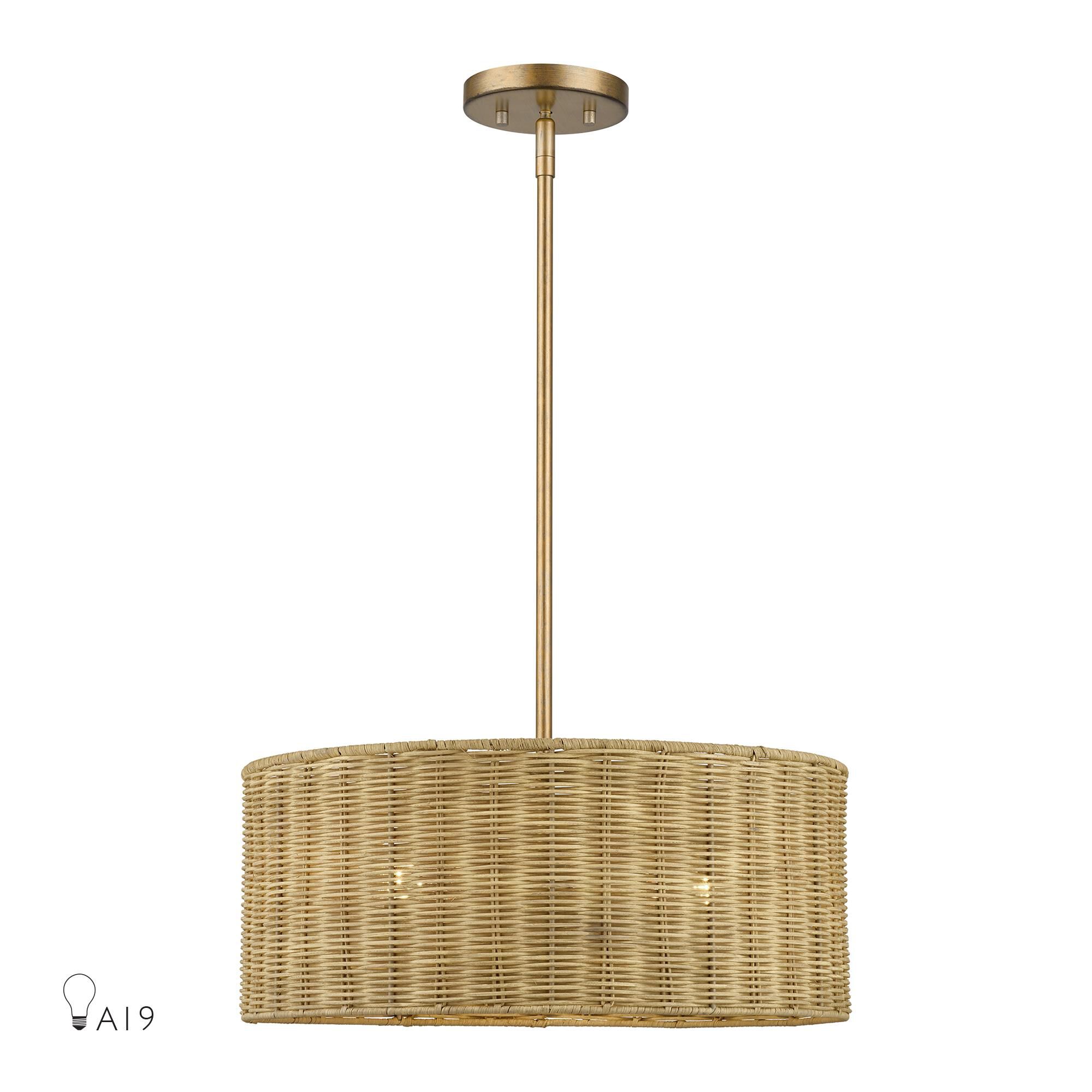 Shown in Antique Gold Leaf finish and Hand-Woven Rustic Walnut Color Rattan shade