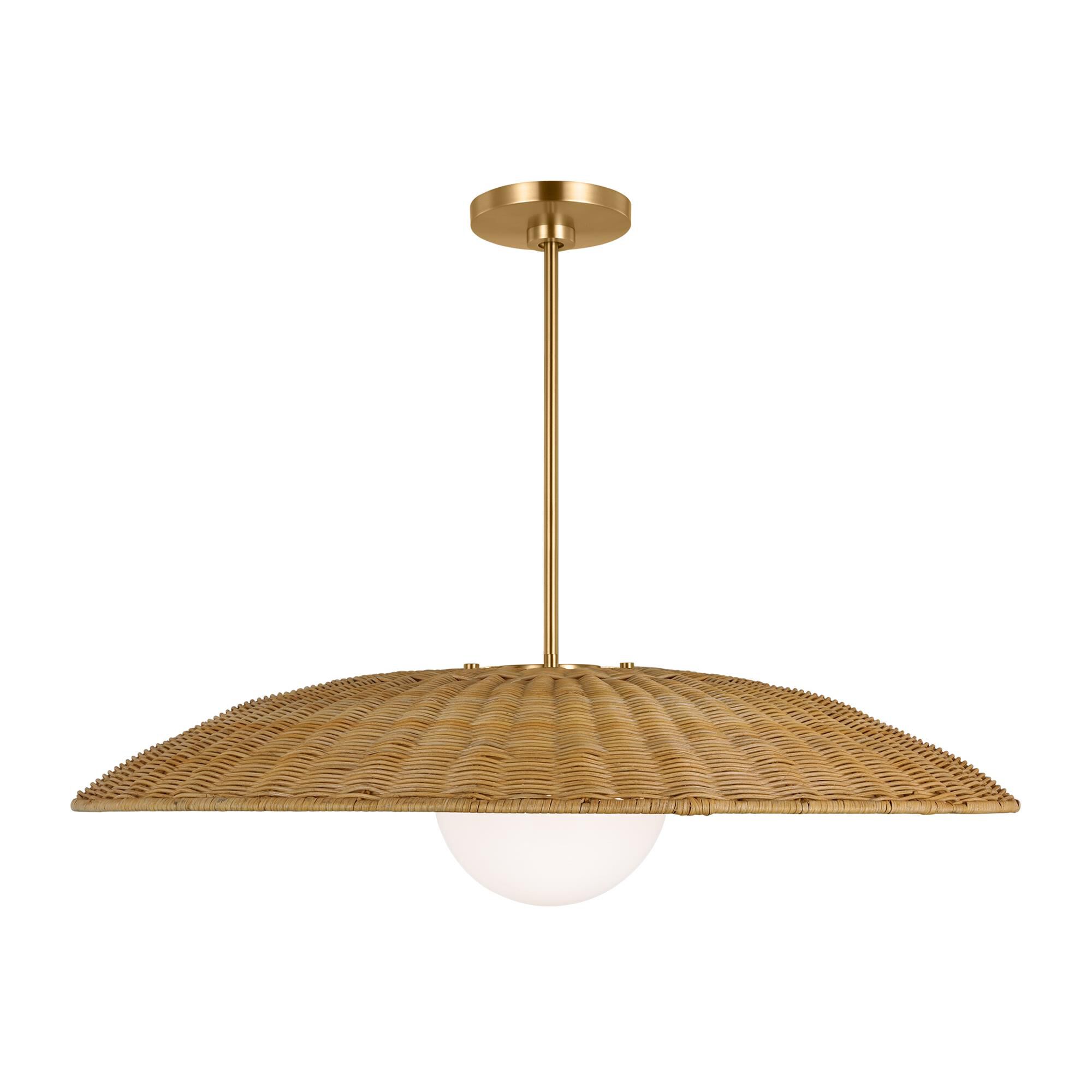Shown in Burnished Brass finish and Milk Glass Diffuser And Natural Rattan shade