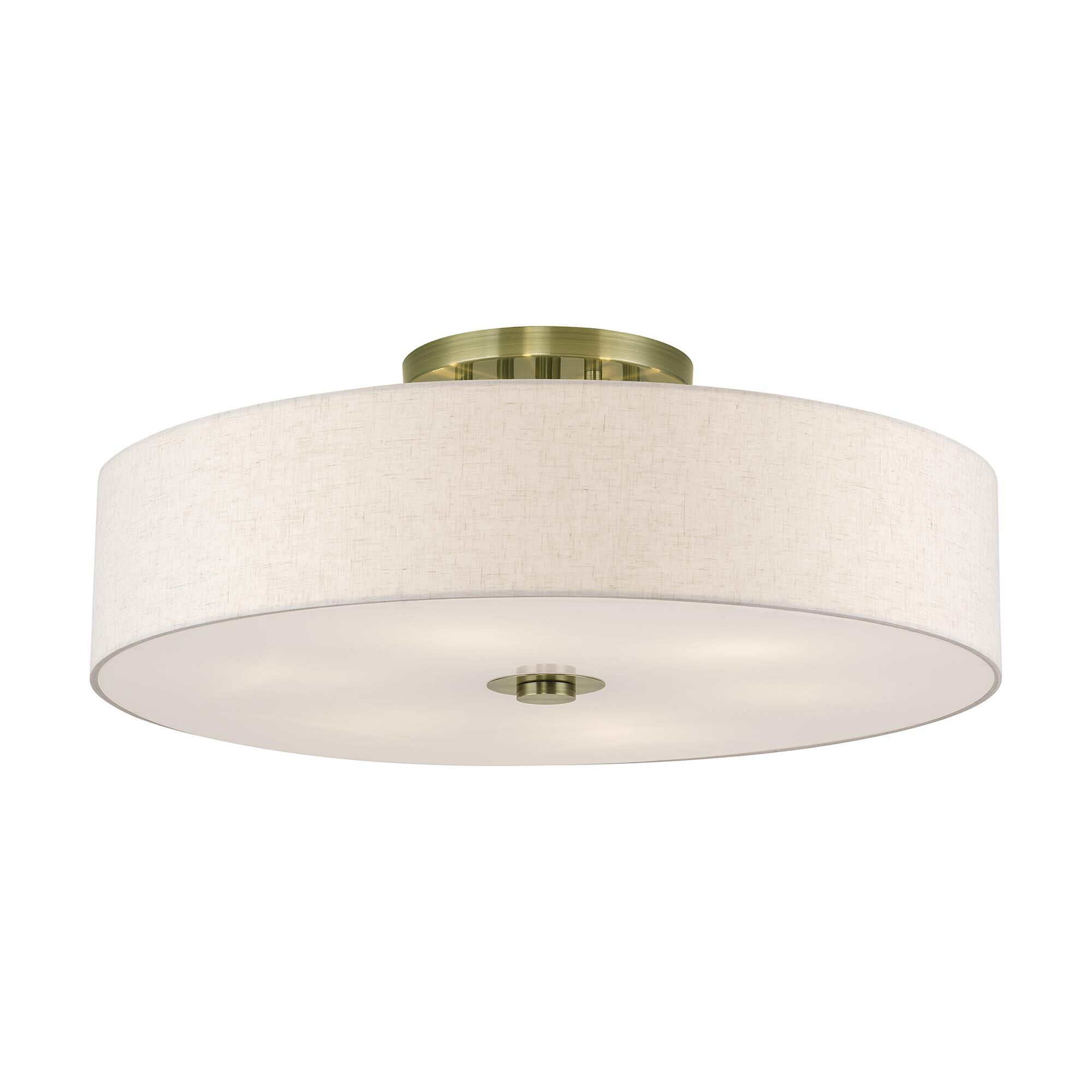 Shown in Antique Brass finish and Hand Crafted Oatmeal Color Fabric with White Color Inside shade