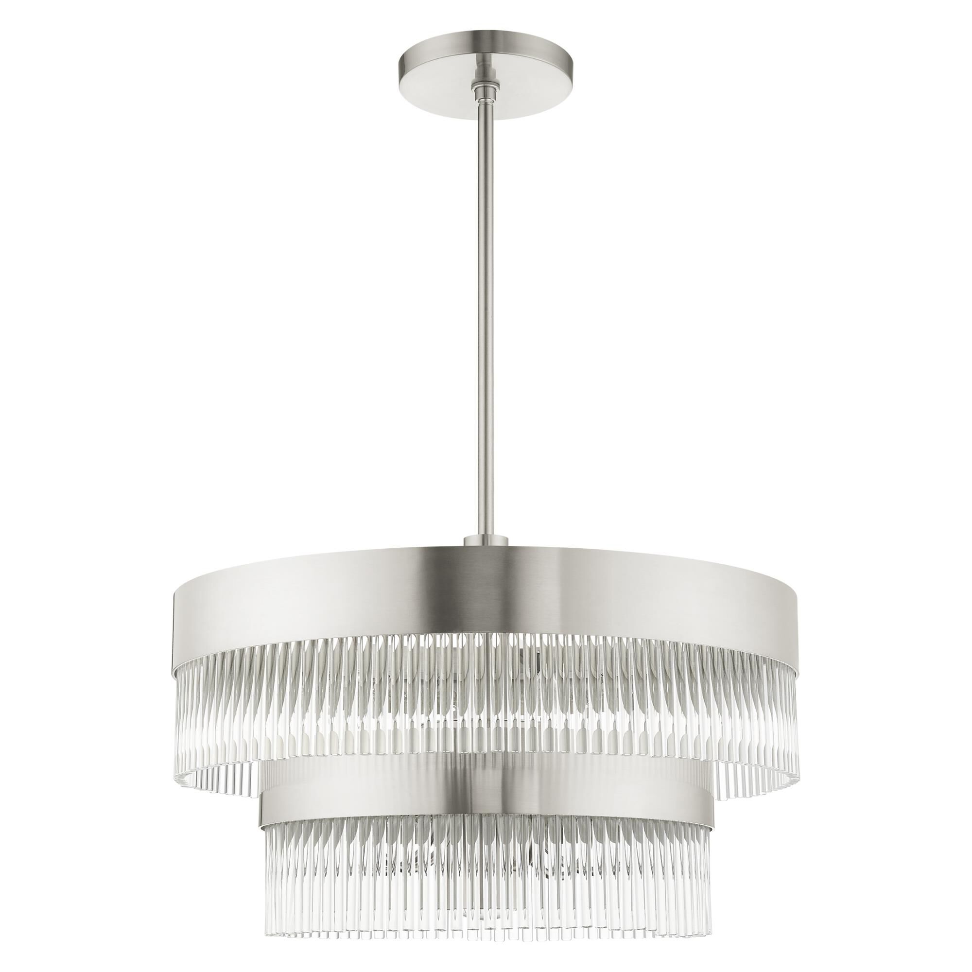 Shown in Brushed Nickel finish and Brushed Nickel Drum Shade With Clear Crystal Rods glass and Brushed Nickel Drum  With Clear Crystal Rods shade