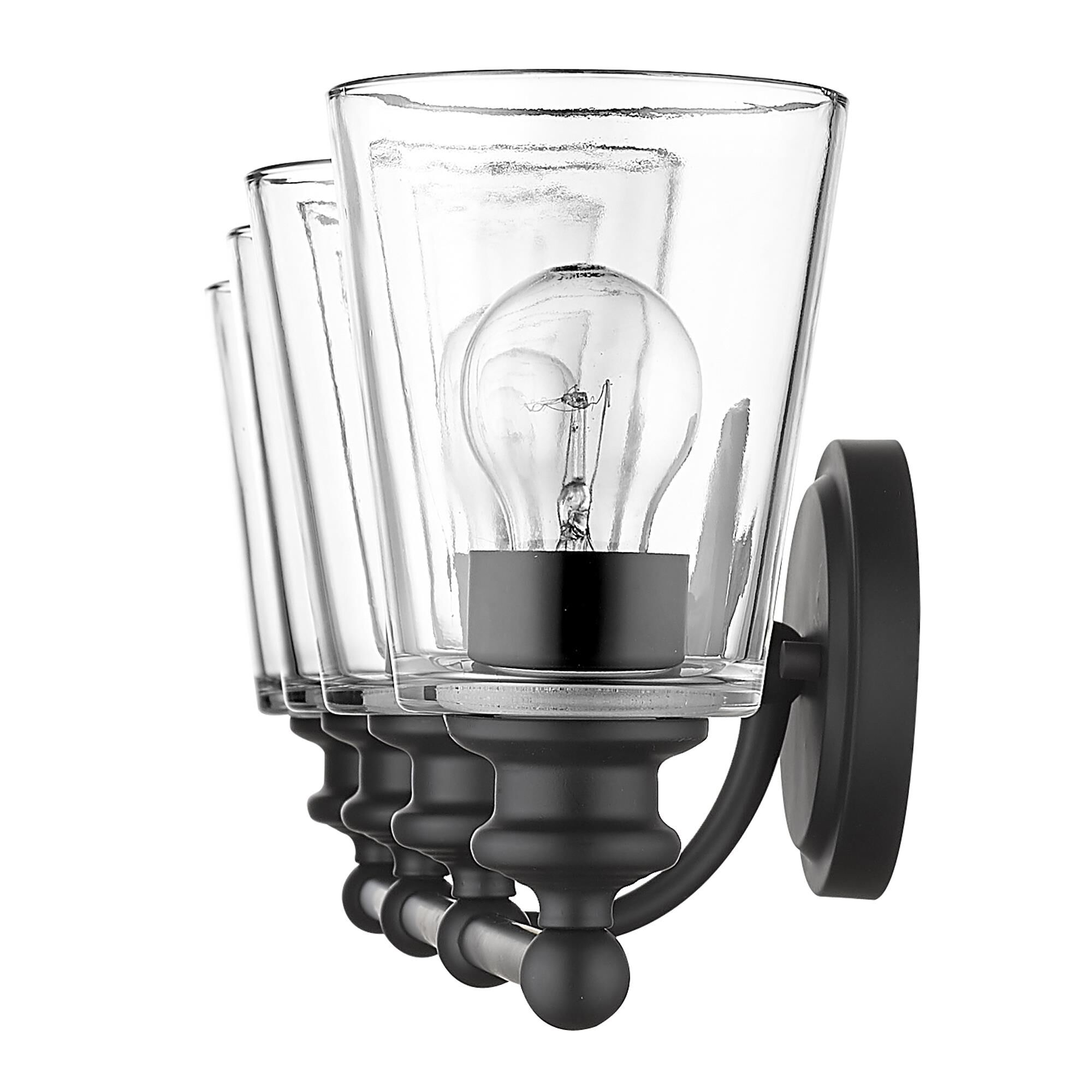 Shown in Matte Black finish and Clear glass and Clear, Cone Shaped Glass shade