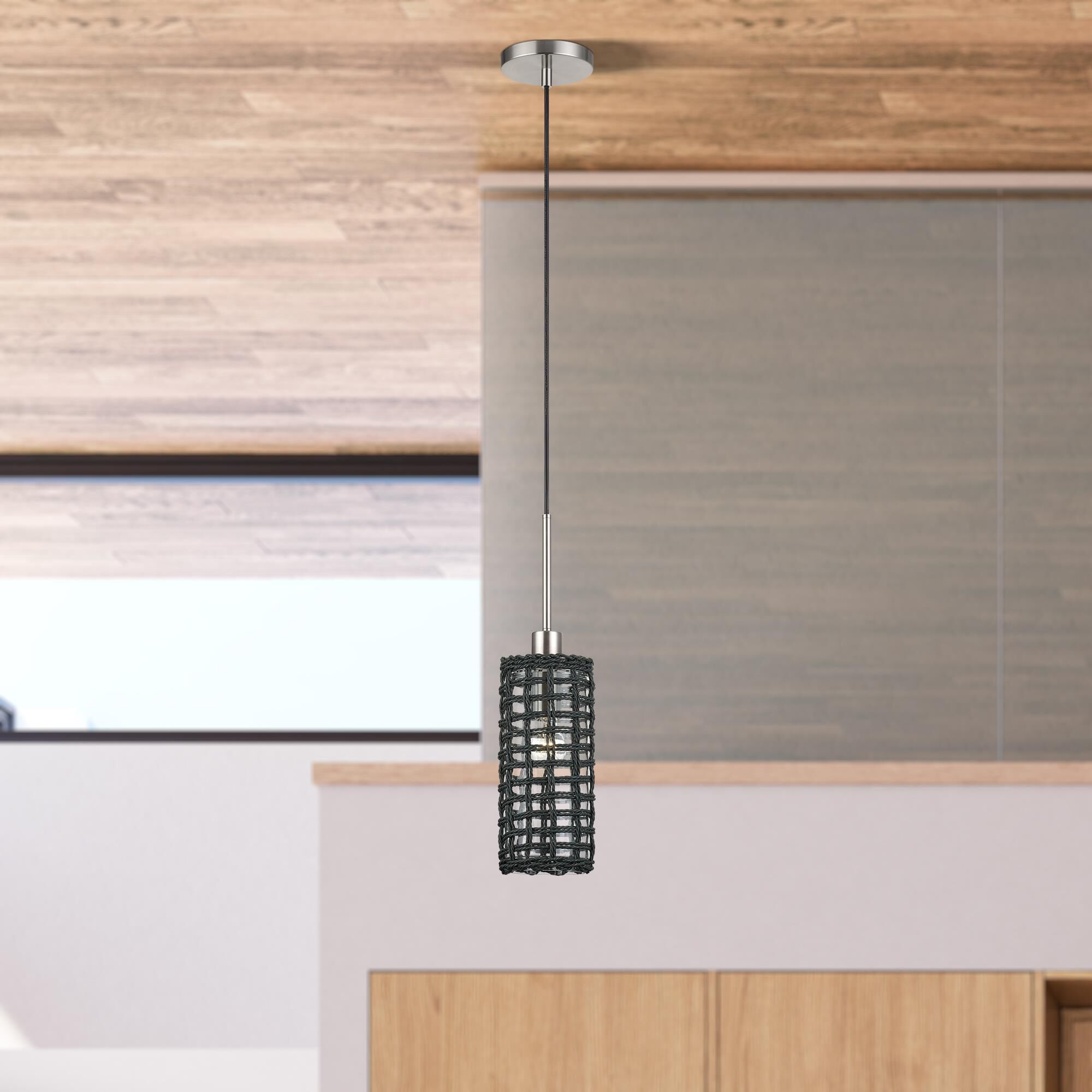 Shown in Brushed Nickel finish and Hand-Woven Midnight Black Color Paper Rope On Top Of Clear shade