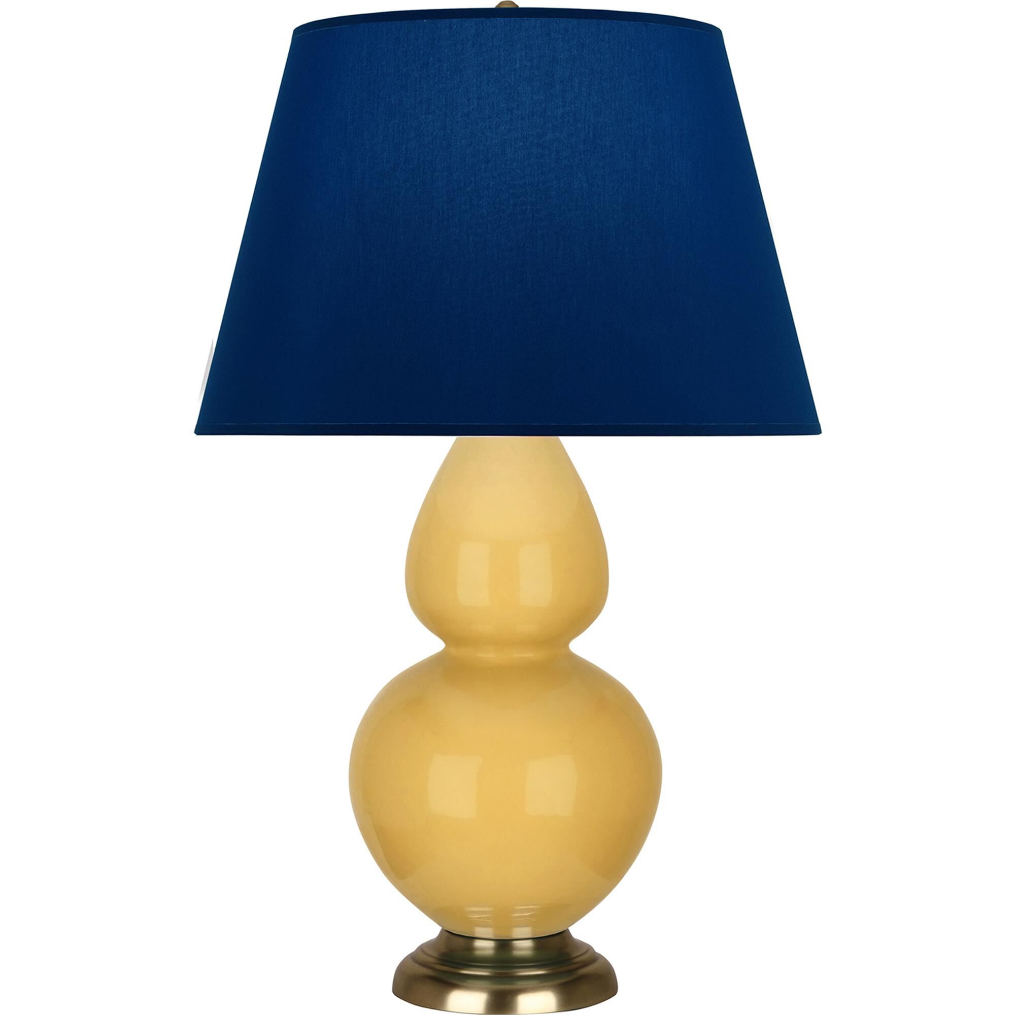 Shown in Sunset Yellow finish and Navy and Gray shade and Antique Brass accent