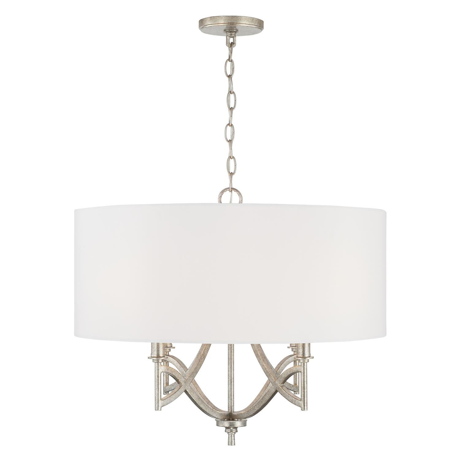 Shown in Antique Silver finish and No crystal and White Fabric shade