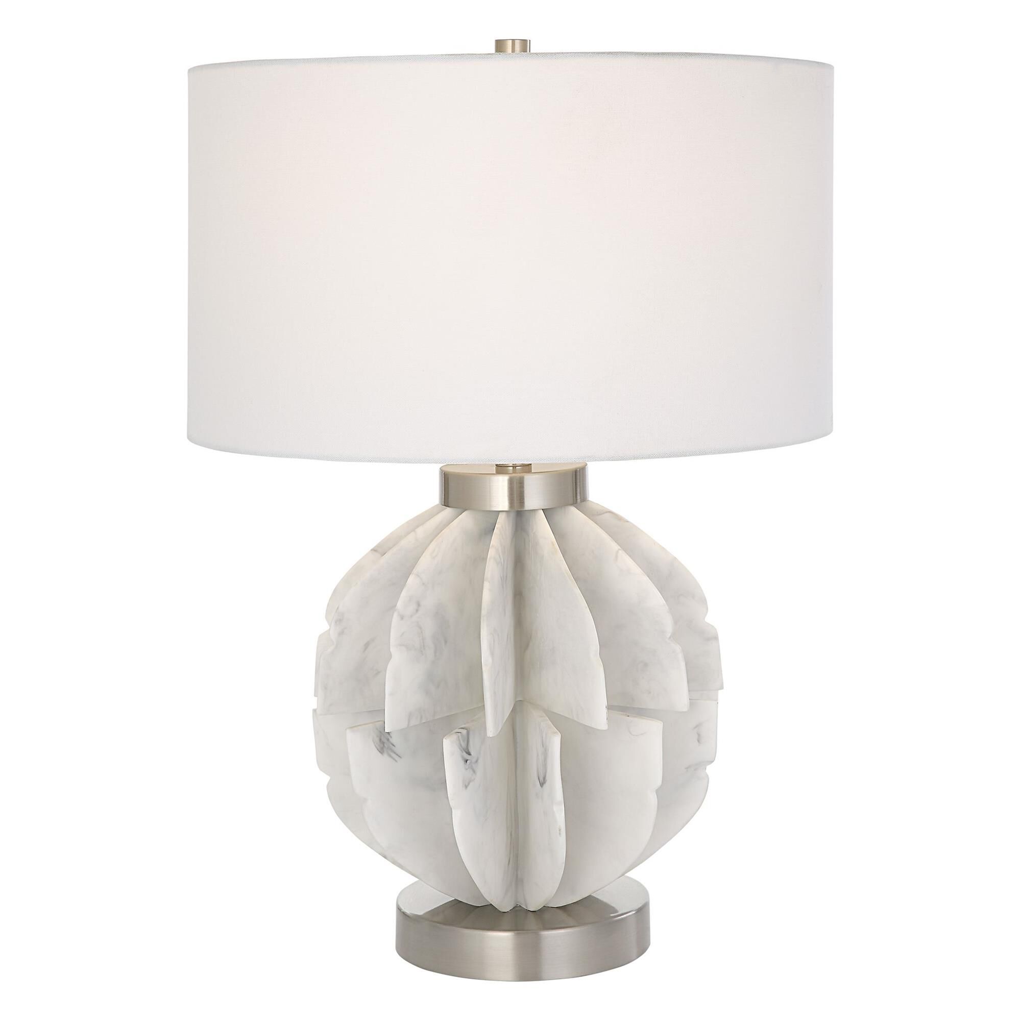 Shown in This Contemporary Table Lamp Features Thin Stacked Blades That Create An Organic Sphere Finished In  finish and Round Drum Hardback shade