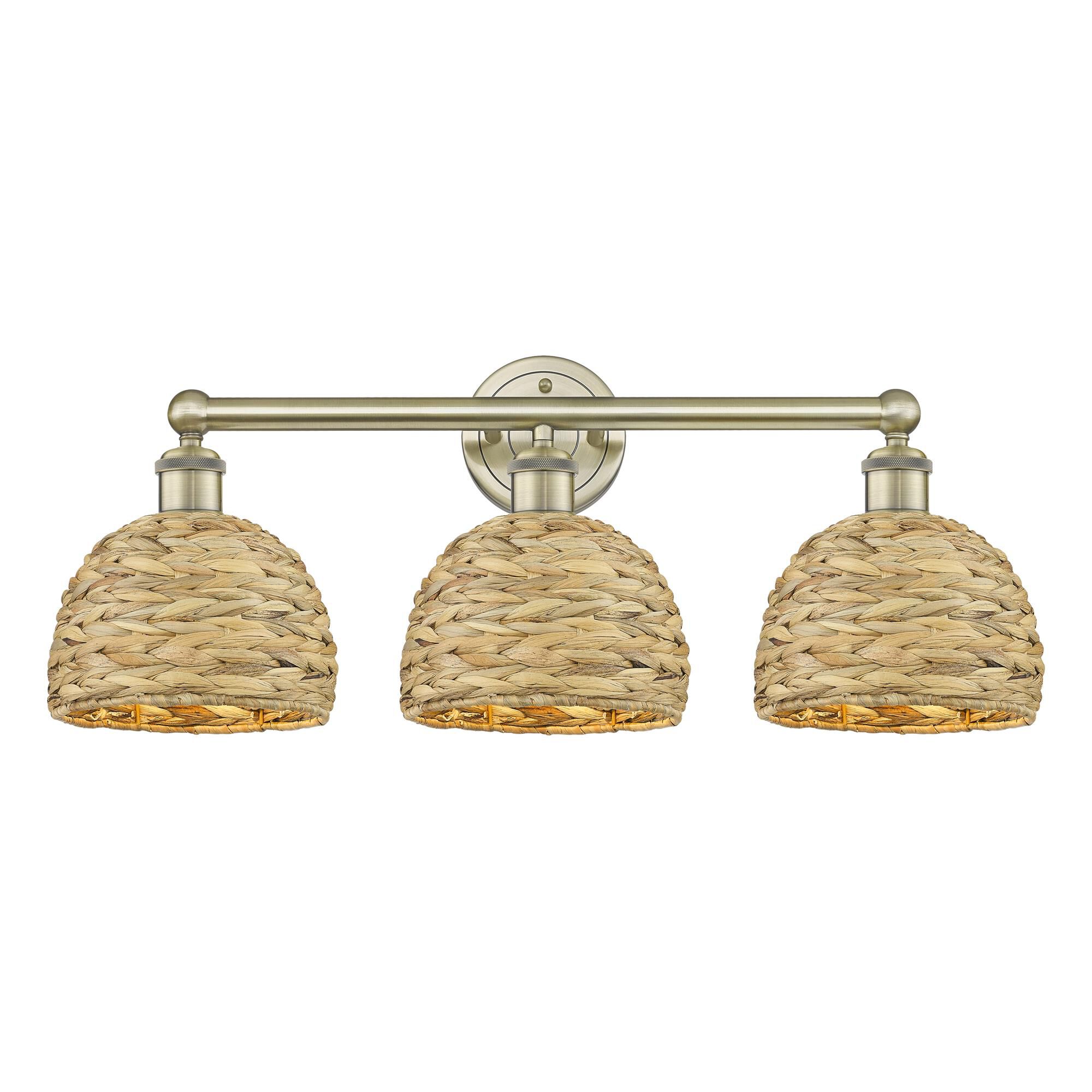 Shown in Antique Brass finish and Natural shade