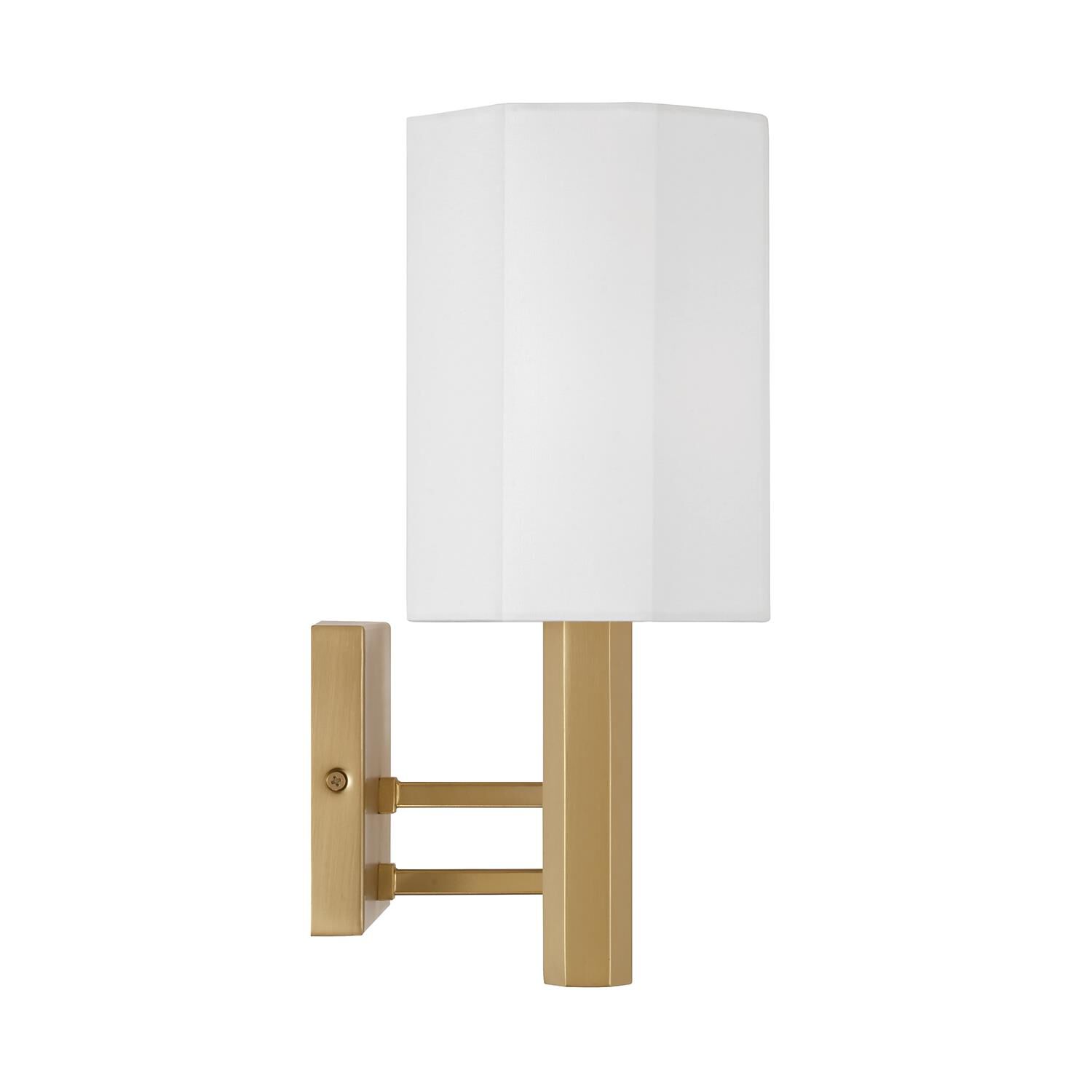 Shown in Aged Brass finish and White Fabric Octagonal shade