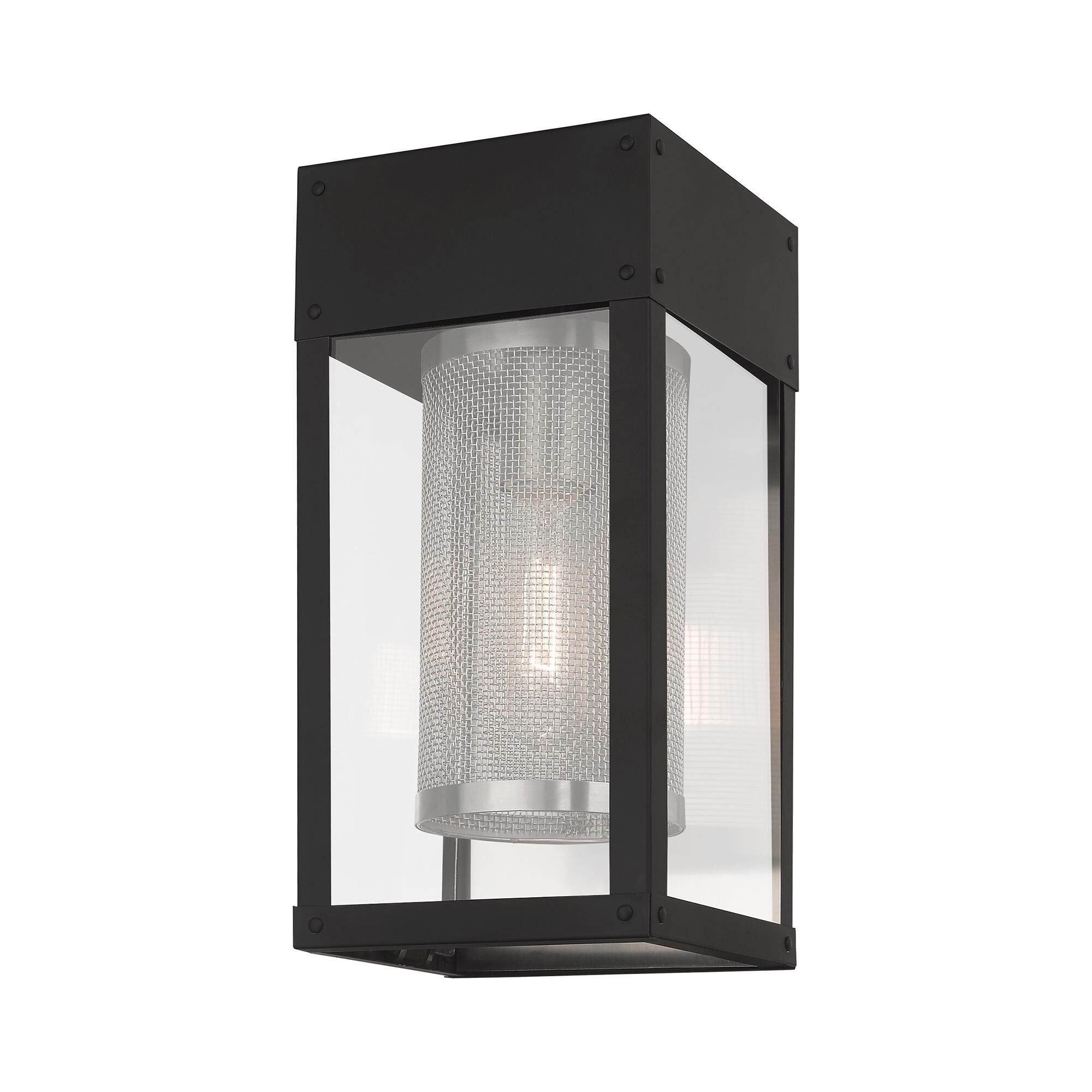 Shown in Black finish and Clear Outside and Stainless Steel Mesh Cylinder Inside glass