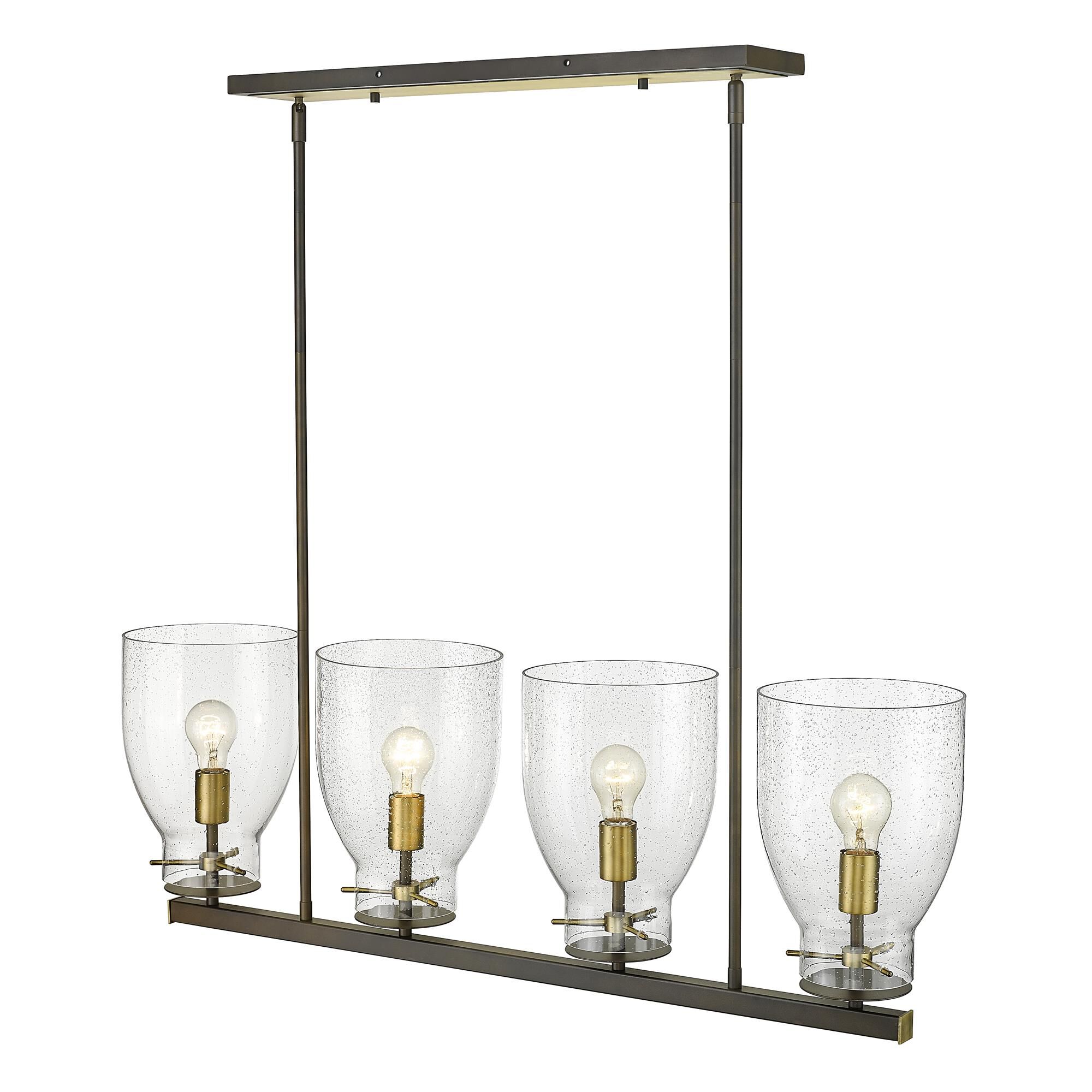 Shown in Oil Rubbed Bronze And Antique Brass finish and Clear Seedy Glass shade