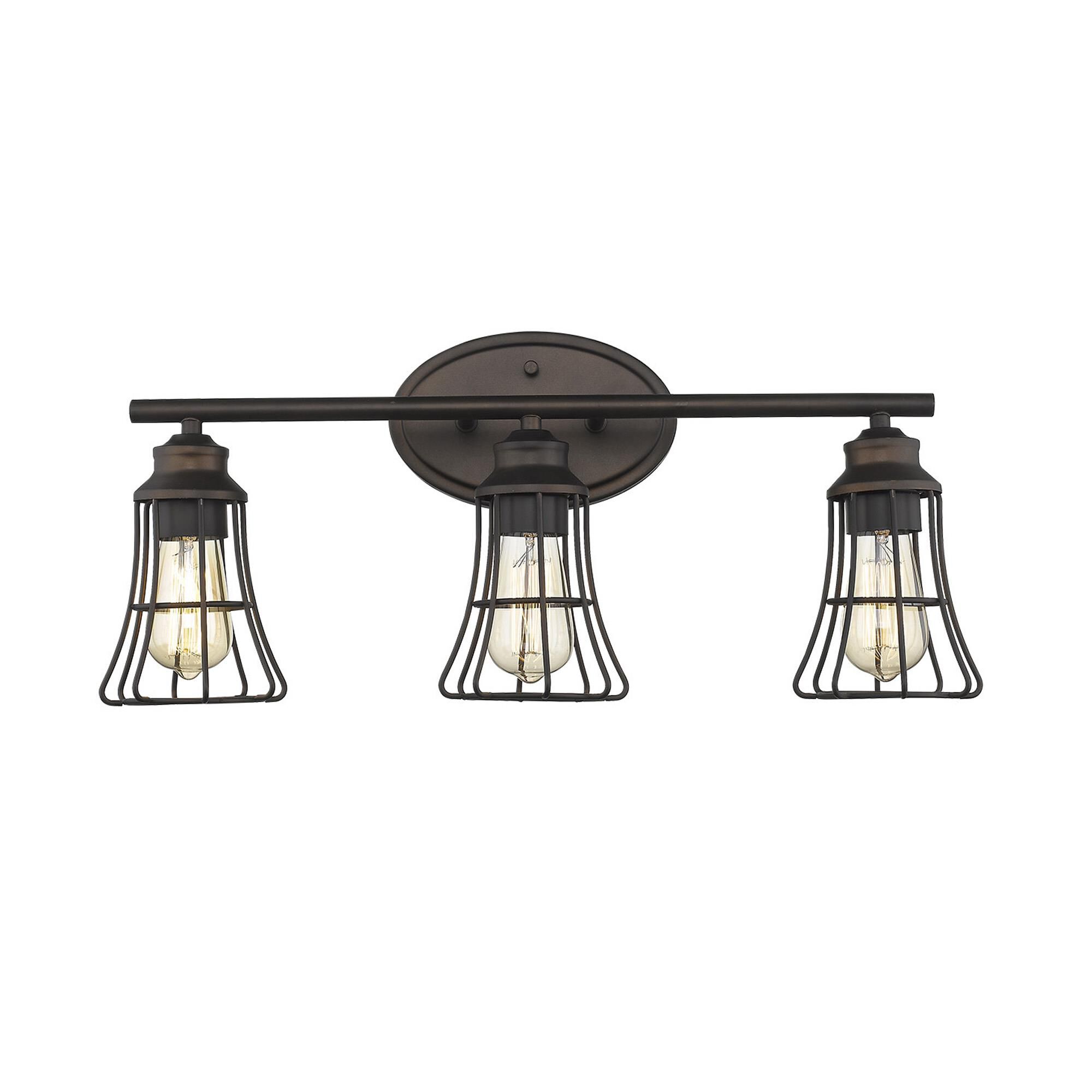 Shown in Oil-Rubbed Bronze finish and Oil-Rubbed Bronze glass and Oil-Rubbed Bronze, Geometric Metal Cage s shade
