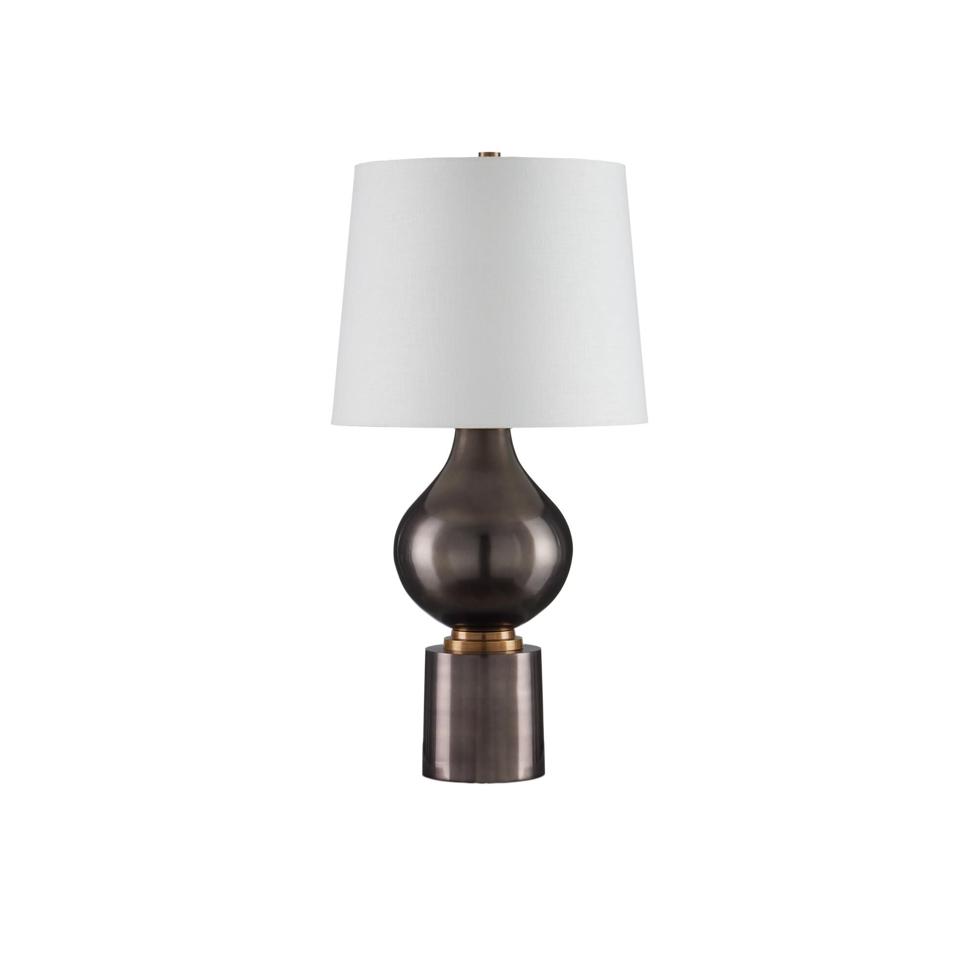 Shown in Black Nickel, Vintage Brass finish and Off-White Linen shade
