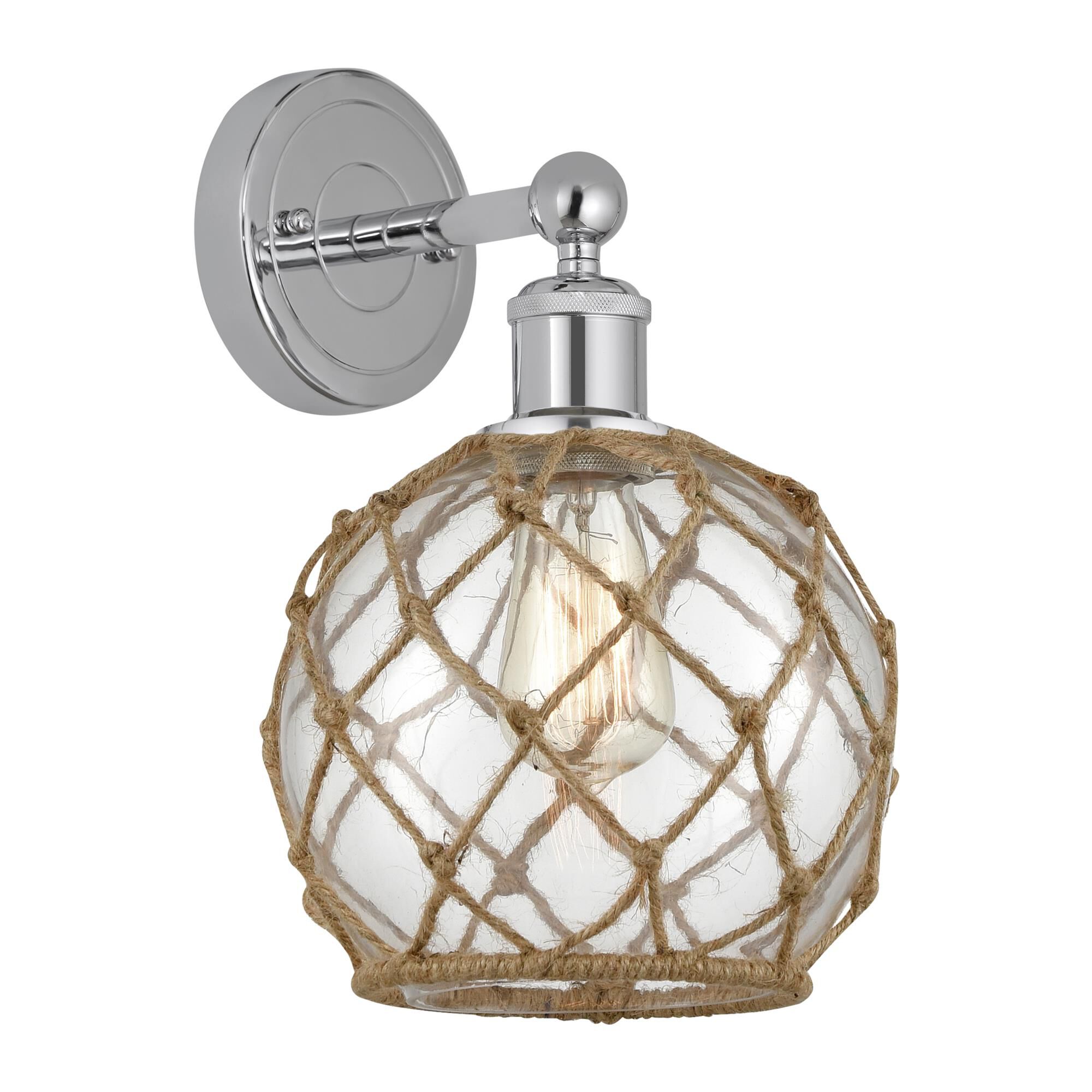 Shown in Polished Chrome finish and Clear with Brown Rope glass