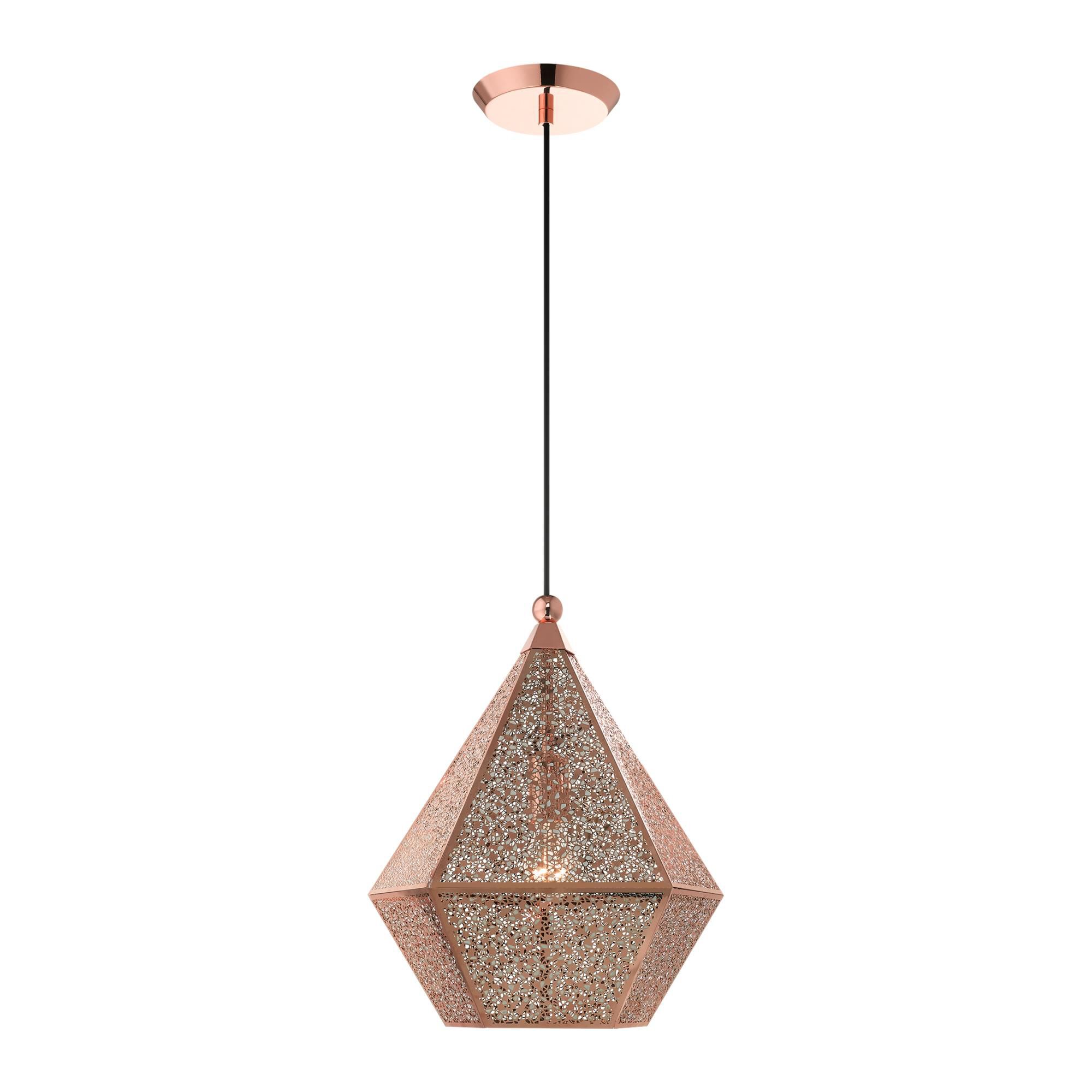 Shown in Rose Gold finish and Rose Gold Filigreed Metal Shade glass and Rose Gold Filigreed Metal shade