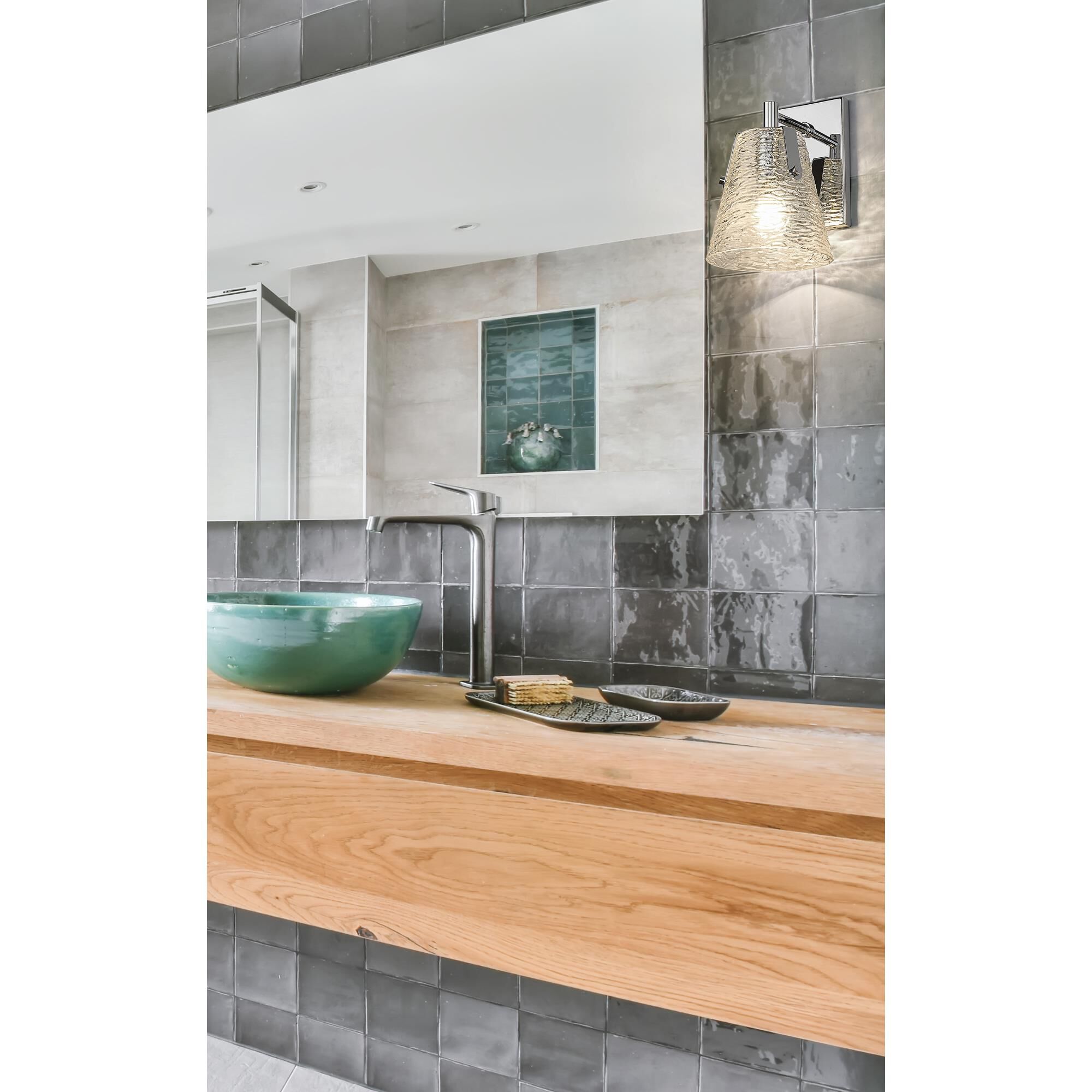 Shown in Chrome finish and Clear Ribbed glass