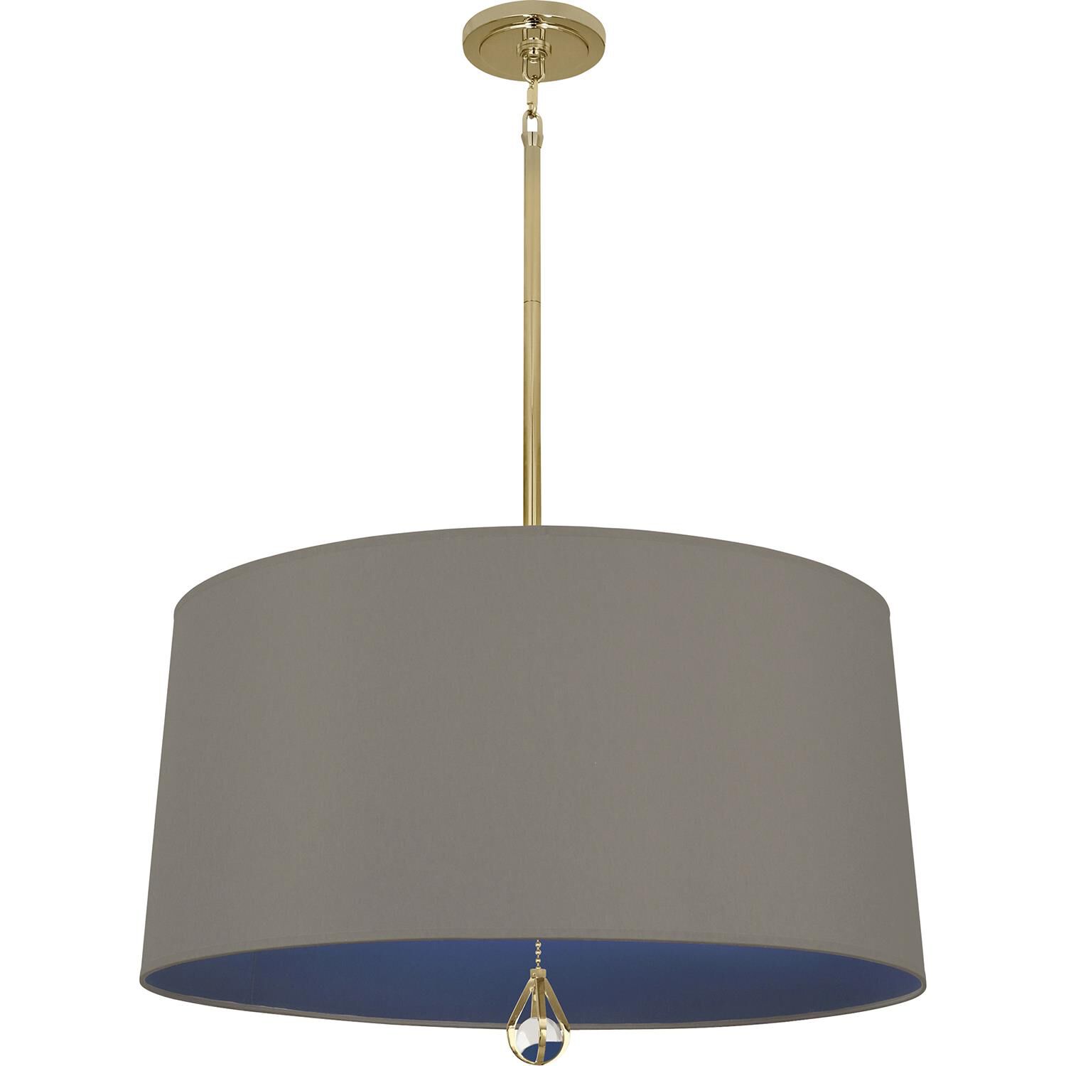 Shown in Modern Brass finish and Carter Gray Fabric With Ink Blue Lining shade