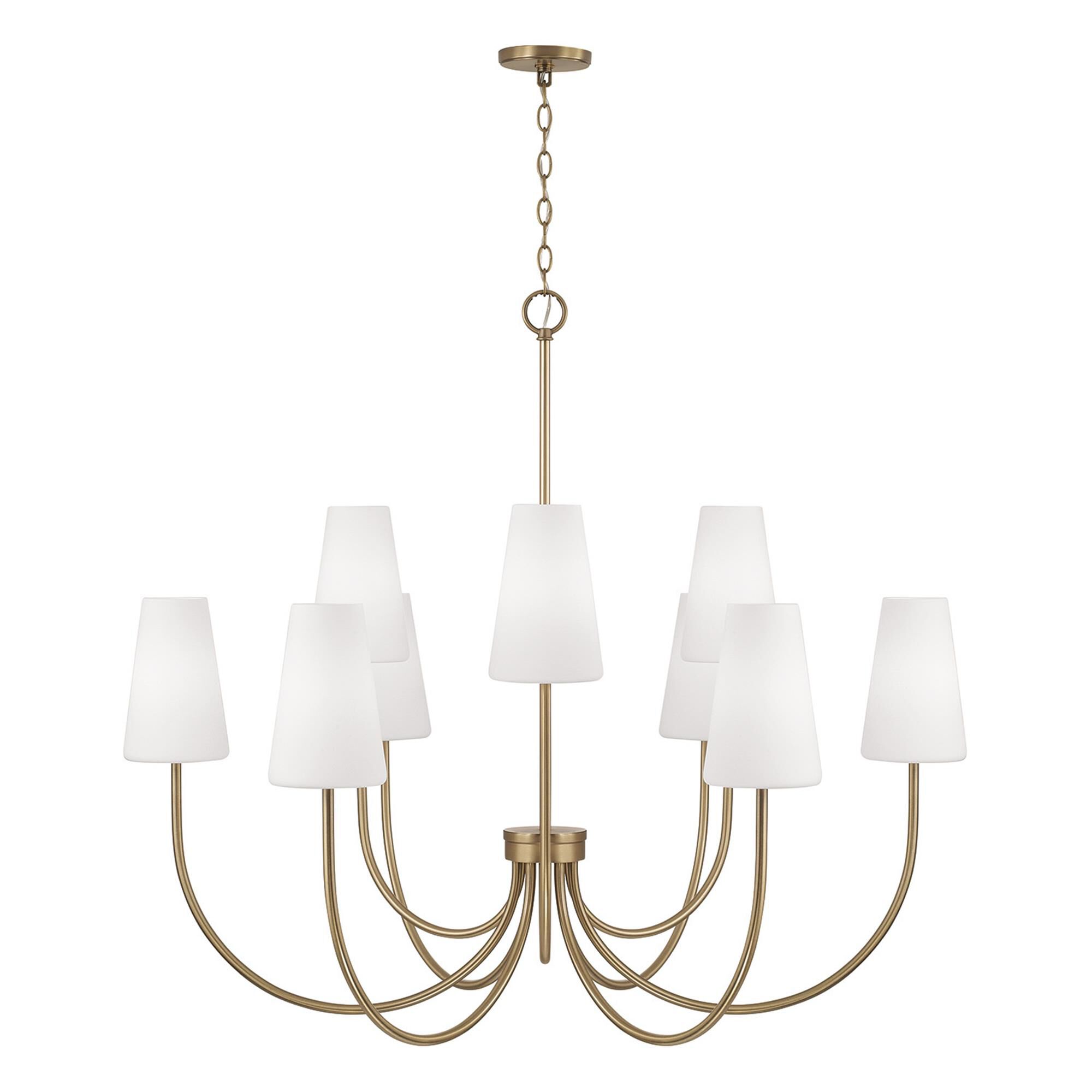 Shown in Aged Brass finish and Soft White glass