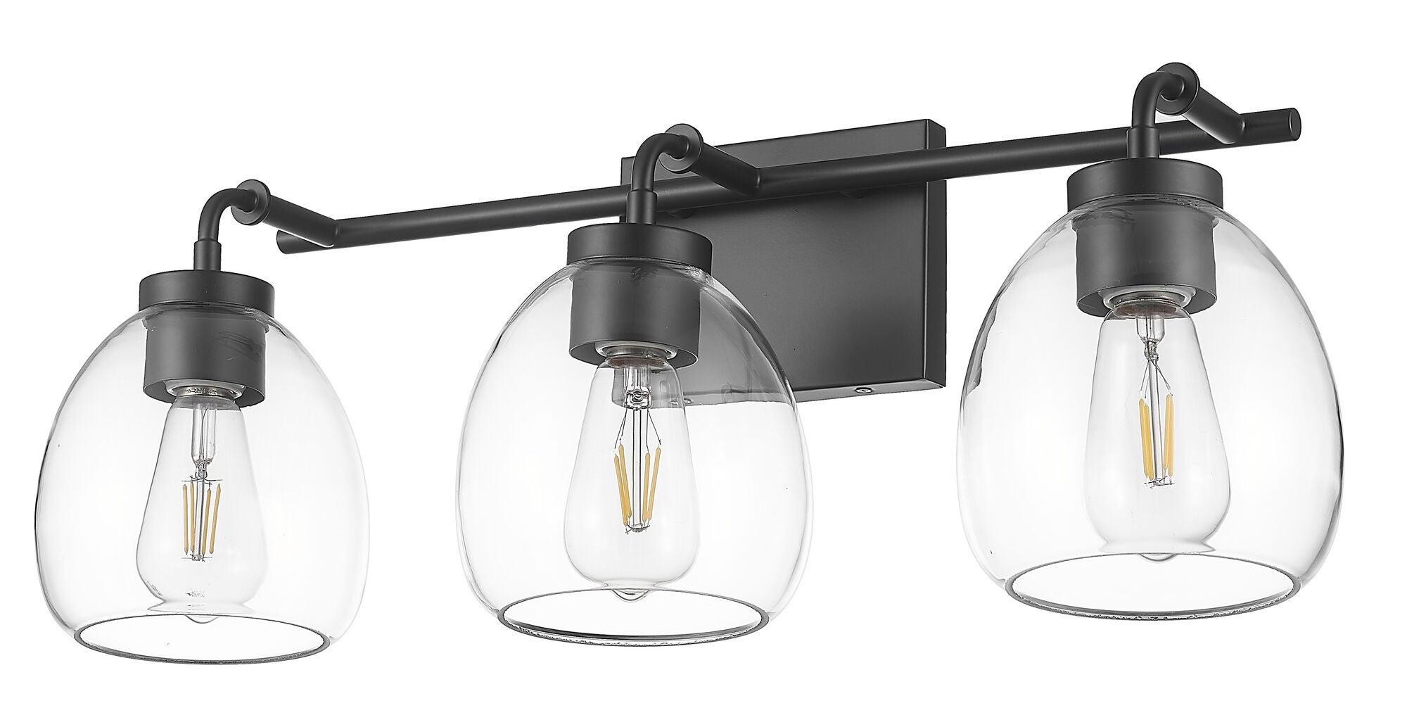Shown in Matte Black finish and Clear Glass Globes shade