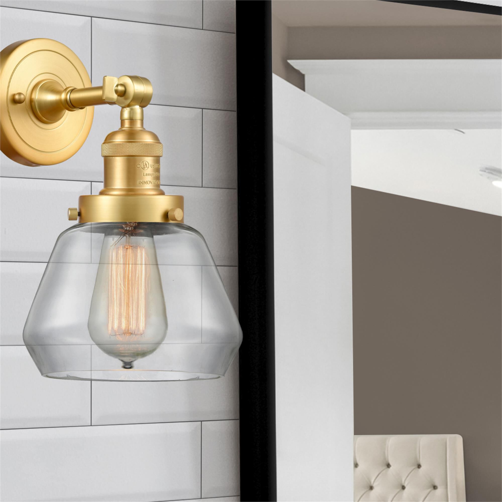 Shown in Satin Gold finish and Clear Fulton glass