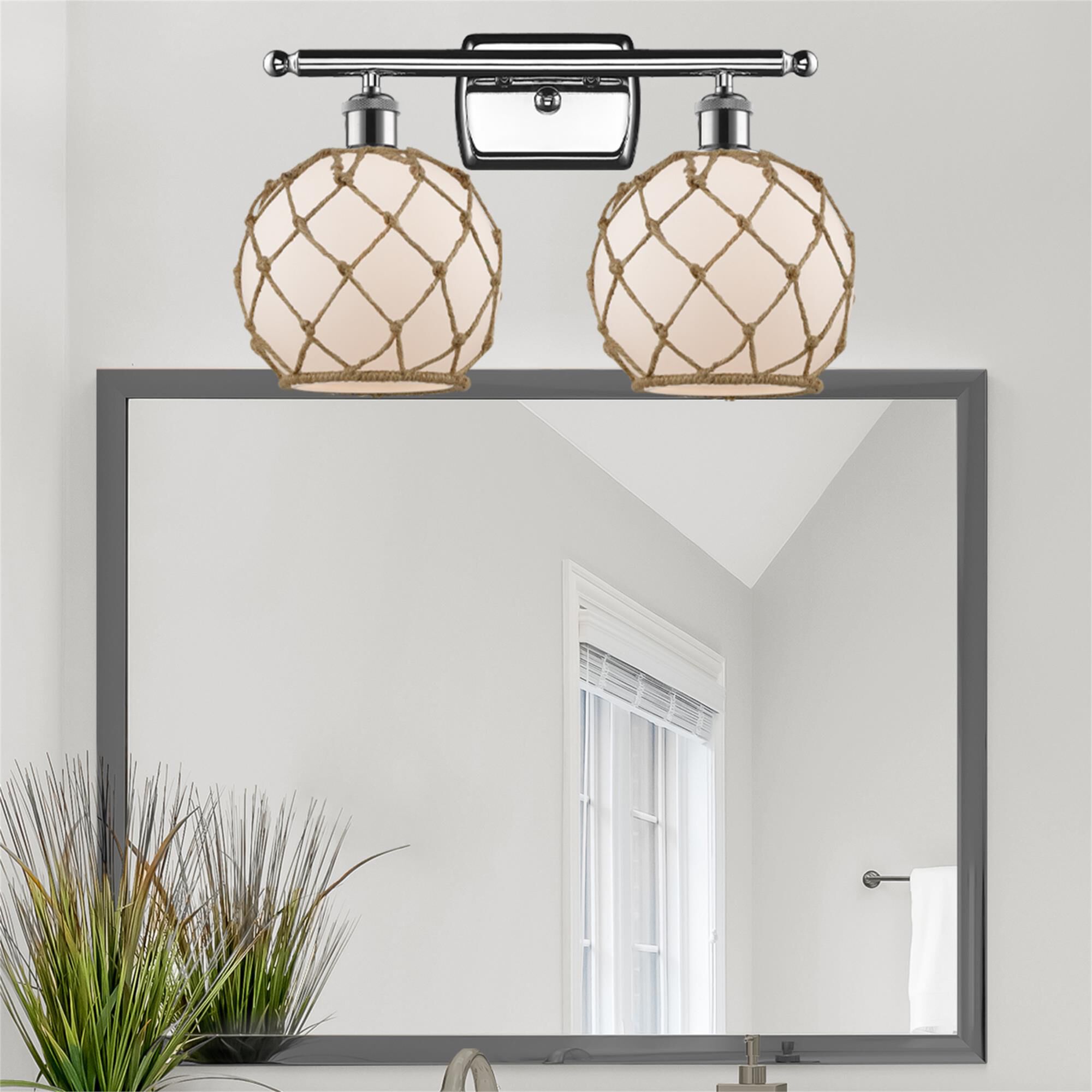 Shown in Polished Chrome finish and White glass and Brown Rope accent