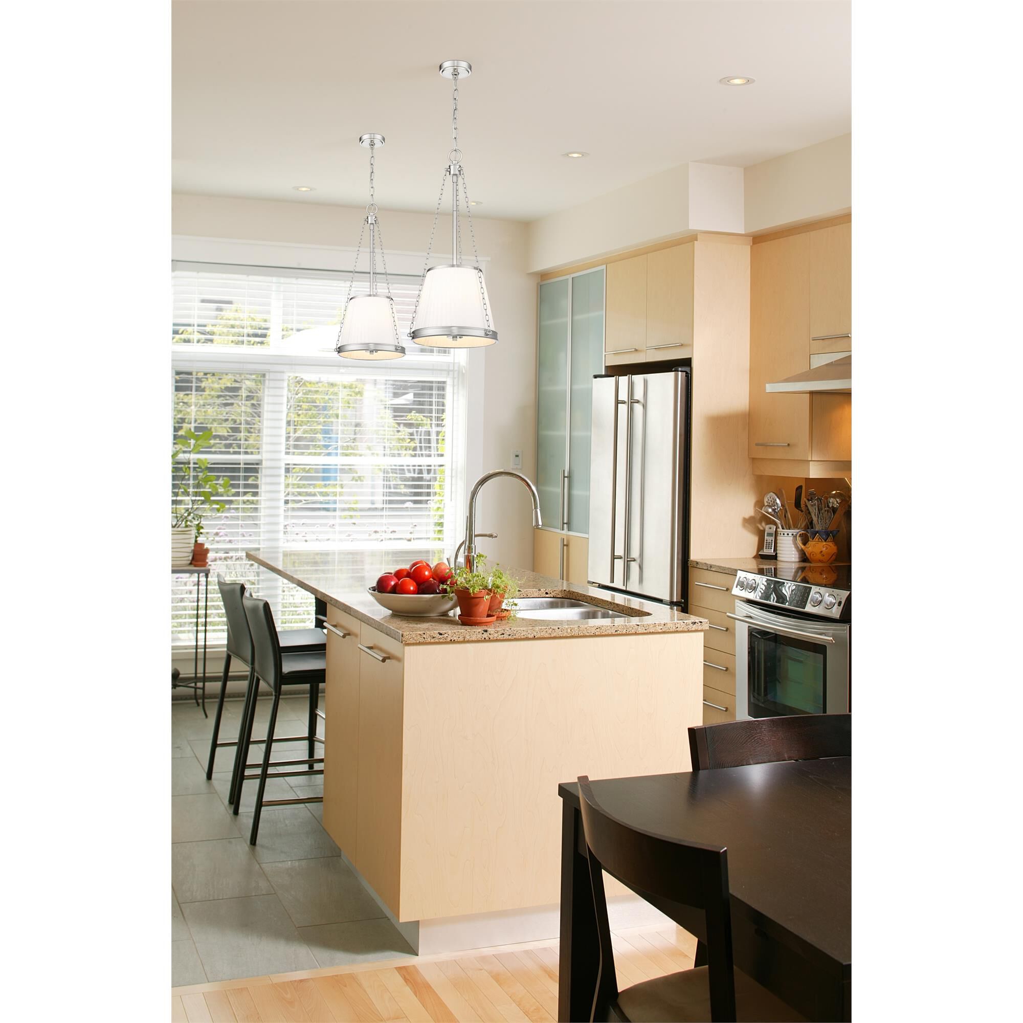 Shown in Brushed Nickel finish and White glass and White shade