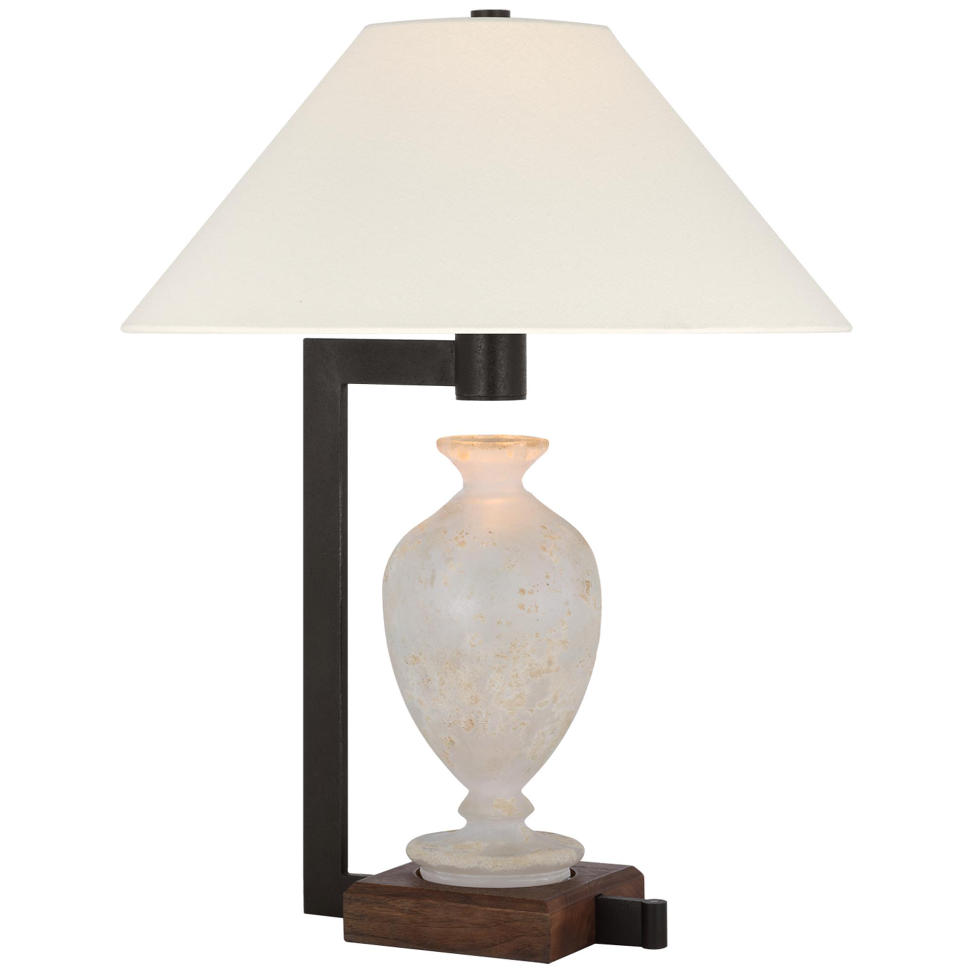 Shown in Warm Iron and Dark Walnut finish and Etruscan glass